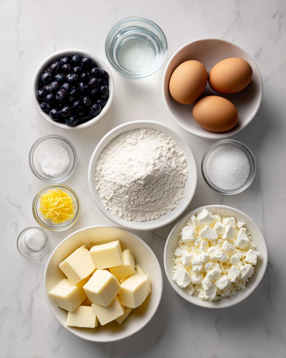 A top-down view of ingredients arranged neatly on a white marbled surface, each in a white bowl or small clear glass dish. There are four brown eggs in one bowl, next to a small glass of clear water, and a bowl filled with white flour. Below the flour, a white bowl holds white sugar, and beside it, a bowl of cubed pale yellow butter. To the left, a bowl of dark blue blueberries sits near small clear dishes with white salt, white baking powder, bright yellow lemon zest, and pale yellow lemon juice. Finally, a small white bowl contains chunks of white cream cheese, and a large white bowl is filled with fine white powdered sugar. Photo taken with an iphone --ar 4:5 --v 7