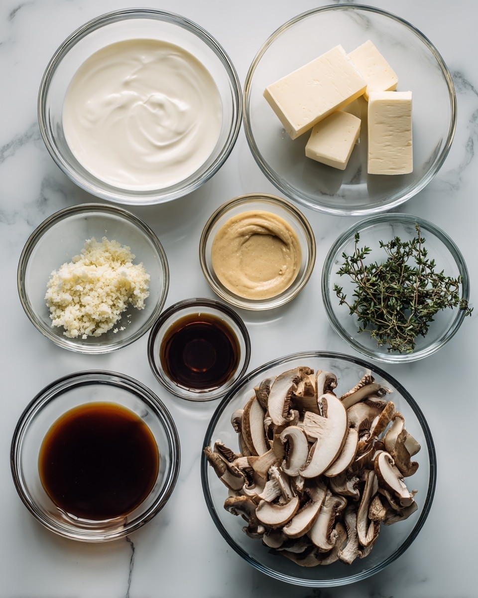 The image shows a top view of several clear glass bowls arranged on a white marbled surface. There is a large bowl with thinly sliced mushrooms positioned in the lower right corner. Near the top left, a medium bowl is filled with heavy cream that is smooth and white. Below it, a small bowl holds two pieces of pale unsalted butter. To the right of the butter, a small bowl contains minced garlic, with its fine grainy texture visible. Above the garlic, another small bowl features a smooth pale yellow Dijon mustard. To the right of the mustard, a small bowl contains dark brown Worcestershire sauce with a shiny surface. At the top right, a small bowl holds fresh green thyme leaves. In the lower left corner, a medium bowl holds dark brown beef stock with a reflective surface. Each bowl is neatly spaced with clear white labels naming the ingredients. Photo taken with an iphone --ar 4:5 --v 7