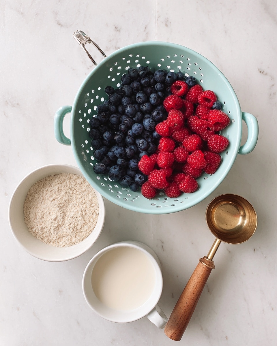 A light blue colander filled with two layers of fresh berries: dark blue blueberries on the left and bright red raspberries on the right. Below it, on a white marbled surface, there is a white bowl filled with a light beige powder, a white bowl with milk, and a brass measuring cup with a wooden handle, all spaced evenly. Photo taken with an iphone --ar 4:5 --v 7