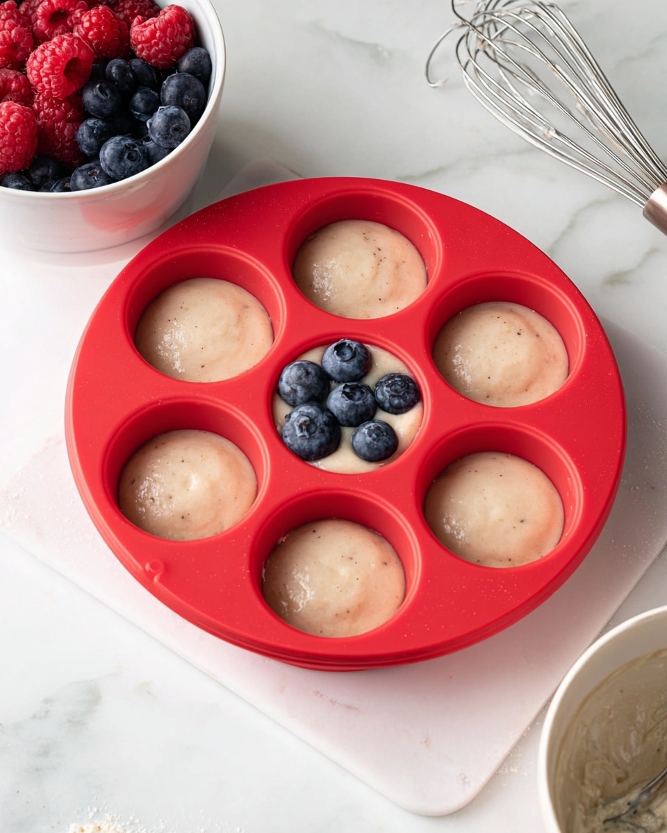A red silicone mold with six round compartments is shown on a white marbled surface. Five of the compartments are filled with a smooth light beige batter, while one central compartment has the same batter topped with five dark blue blueberries. To the upper left, a white bowl filled with fresh raspberries and blueberries is partially visible. The scene includes a whisk with a shiny metal handle and a white bowl with some leftover batter at the bottom right corner. Photo taken with an iphone --ar 4:5 --v 7