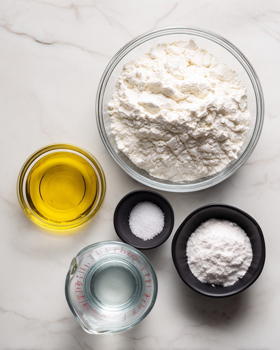 The image shows five separate containers placed on a white marbled surface. At the top center, there is a large clear glass bowl filled with a fluffy white powder labeled all-purpose flour. Below it on the left, a small clear glass bowl holds golden yellow olive oil with a smooth surface. To the right of the olive oil, two small black bowls are positioned next to each other; the nearer one contains coarse white kosher salt while the other has fine white baking powder. At the bottom center, a transparent glass measuring cup is filled with clear warm water, showing measuring lines on its side. All containers are clean and neatly arranged with labels above or beside them. Photo taken with an iphone --ar 4:5 --v 7