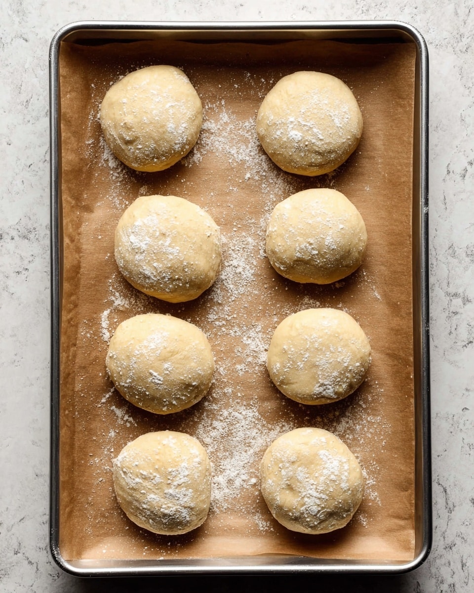 The image shows eight round dough balls placed on a sheet of brown parchment paper inside a silver baking tray. The dough balls are light beige with a soft texture and a light dusting of white flour on their surfaces. The tray sits against a white marbled background that adds subtle texture to the scene. The dough balls are evenly spaced in two columns of four, ready for baking or rising. Photo taken with an iphone --ar 4:5 --v 7