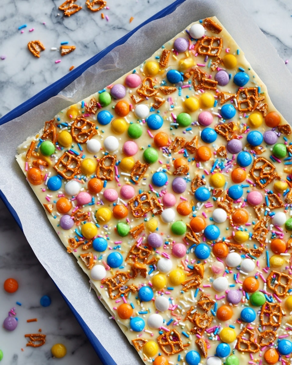 A flat frozen treat laying on white baking paper on a blue tray, with a creamy white rectangular base covered by small round yellow, white, and blue candy eggs scattered evenly on top. Interspersed among the candies are broken orange pretzel pieces creating a crunchy texture over the surface. Additionally, there are pastel-colored sprinkles sprinkled all over, adding tiny bits of blue, pink, and yellow hues. The entire scene is set on a white marbled surface. Photo taken with an iphone --ar 4:5 --v 7