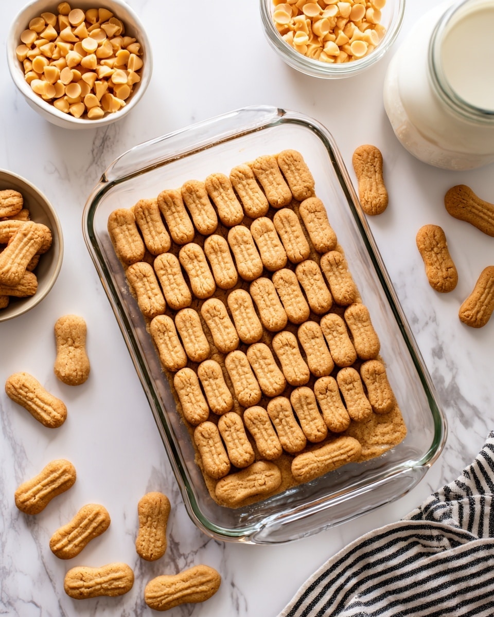 A clear glass rectangular baking dish sits on a white marbled surface. Inside the dish, there is a single layer of light golden-brown peanut-shaped cookies neatly arranged in rows, covering the bottom without overlapping. Around the dish, there are more similar cookies scattered on the white marbled surface, along with a white bowl filled with butterscotch chips at the top left and a large white container at the top right. A black and white striped cloth is visible at the bottom right corner. photo taken with an iphone --ar 4:5 --v 7