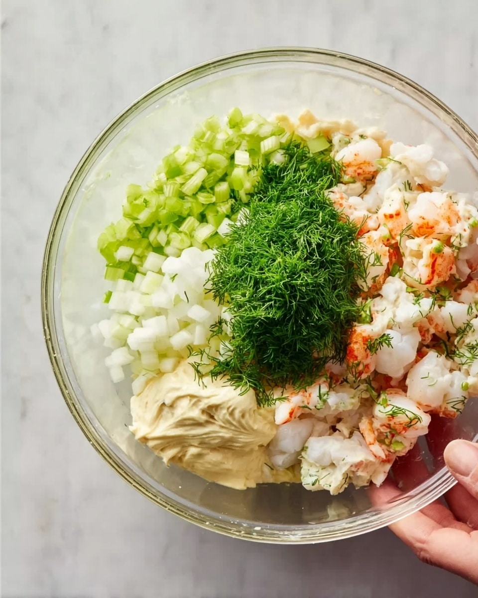 A clear glass bowl holds a mix of ingredients layered by type: white chopped onions and bright green chopped celery on the left, a small pile of finely chopped fresh green dill in the center, mayonnaise with a creamy pale yellow color near the bottom, and on the right, larger pieces of white seafood with orange accents mixed with small green herbs. The bowl sits on a white marbled surface, and a woman's hand is visible holding the bowl. photo taken with an iphone --ar 4:5 --v 7