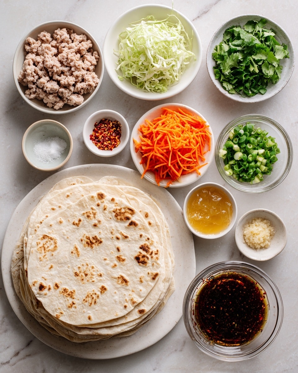 The image shows a top view of various ingredients neatly arranged on a white marbled surface. In the center, there is a stack of pale flour tortillas with light brown spots on a white plate. Around the tortillas, there are small white bowls and clear glass bowls holding different items: ground pork with a pink and white texture, bright orange thin carrot strips, thin pale green cabbage strips, chopped dark to medium green cilantro leaves, chopped green onions with white and green parts, a small bowl of white salt with black pepper, minced garlic with a light beige color, bright golden honey, a deep red garlic chili sauce on a small white dish, and a dark brown oily dipping sauce with visible chili flakes and herbs in a clear glass bowl. The arrangement is clean and organized with even spacing, and everything is clearly visible. photo taken with an iphone --ar 4:5 --v 7
