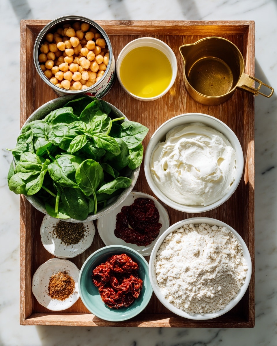 A wooden tray on a white marbled surface holds several ingredients for cooking. At the top left, a can of organic chickpeas is placed next to a small white bowl filled with clear yellow olive oil. To the right, a gold-colored measuring cup holds thick white coconut yogurt. At the bottom right corner, a large white bowl is filled with fine white self-rising flour with a smooth texture. Nearby, a small white plate has a small amount of deep red tomato paste, and a small light blue bowl holds dark red sundried tomatoes with a slightly wrinkled texture. In the bottom left corner of the tray, a pile of fresh green spinach leaves is placed next to a green fresh basil plant with broad, shiny leaves. Above the spinach, there is a small white plate with mixed brown and green spices. The scene is bright and clean, with natural light highlighting the textures and colors of each ingredient. photo taken with an iphone --ar 4:5 --v 7