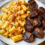 Creamy Cajun Steak Rigatoni with Vegetarian Parmesan-Style Cheese Sauce Recipe