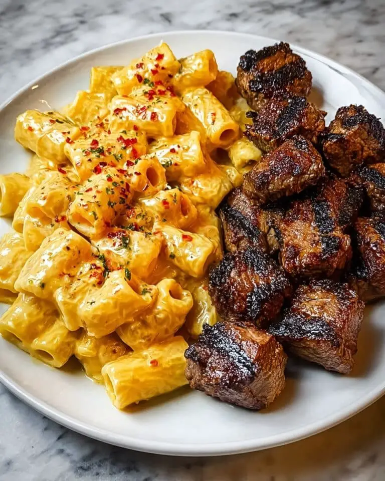 Creamy Cajun Steak Rigatoni with Vegetarian Parmesan-Style Cheese Sauce Recipe
