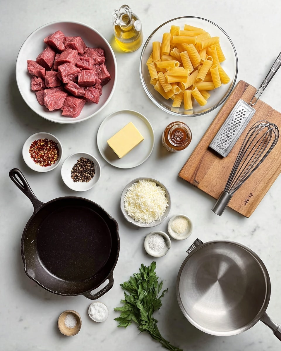 The image shows a top view of various cooking ingredients and tools neatly arranged on a white marbled surface. On the top left, raw red meat cubes fill a white ceramic bowl. Near the center, a glass bowl holds uncooked yellow tubular pasta, and beside it, a small glass bowl contains grated white cheese. Above these, there's a small plate with a cube of yellow butter, a bottle of light yellow oil, and a jar of reddish-brown seasoning. To the left, three small white bowls hold red chili flakes, black pepper, and chopped garlic. On the lower left, a black cast-iron pan is empty and ready to use. A few sprigs of green parsley sit in a white bowl at the bottom. To the right, a shiny stainless steel saucepan is clean and empty, accompanied by a whisk. A wooden cutting board with a detailed-patterned chef’s knife and metal measuring spoons are placed along the right edge. A small wooden bowl with white salt completes the layout. photo taken with an iphone --ar 4:5 --v 7