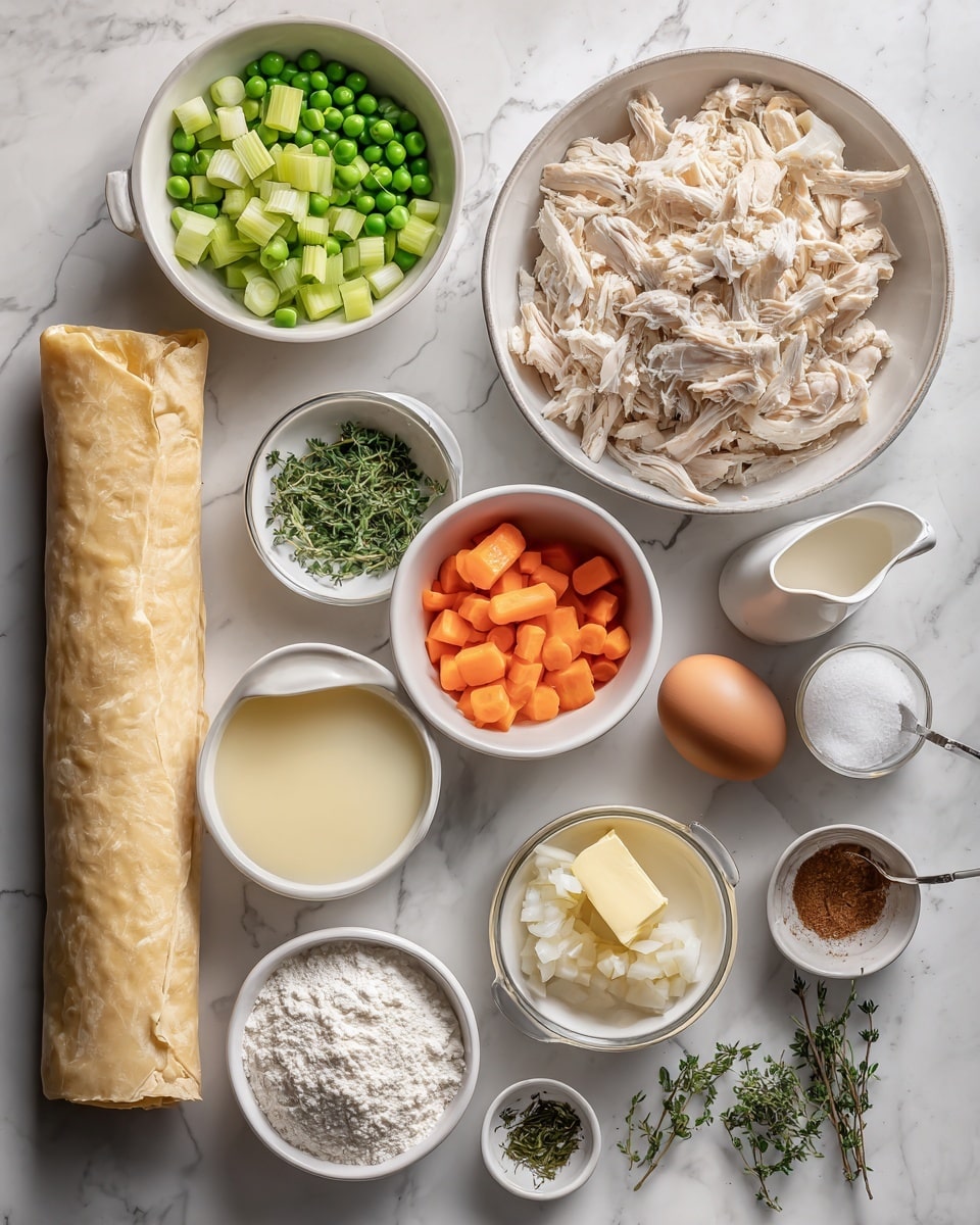 The image shows various cooking ingredients neatly arranged on a white marbled surface. At the top right, there is a large clear bowl filled with shredded cooked chicken in pale beige tones. To its left, a smaller clear bowl holds bright green frozen peas, and next to that is another clear bowl with light green celery slices. Below the celery is a bowl containing orange carrot slices, and beside it, a small clear bowl with soft yellow butter pieces. In the lower left corner, there is a clear bowl with chopped white onion and next to it a tiny bowl with minced garlic. In the center, there is a rolled sheet of puff pastry in a pale cream color. Near it, three small clear bowls hold finely chopped green thyme and parsley, and a mix of reddish-brown poultry seasoning. At the bottom are a brown egg, a small pitcher with white heavy cream, a clear bowl with white all-purpose flour, and a measuring cup filled with light yellow chicken stock. All the bowls and containers are transparent and placed in an orderly pattern. Photo taken with an iphone --ar 4:5 --v 7