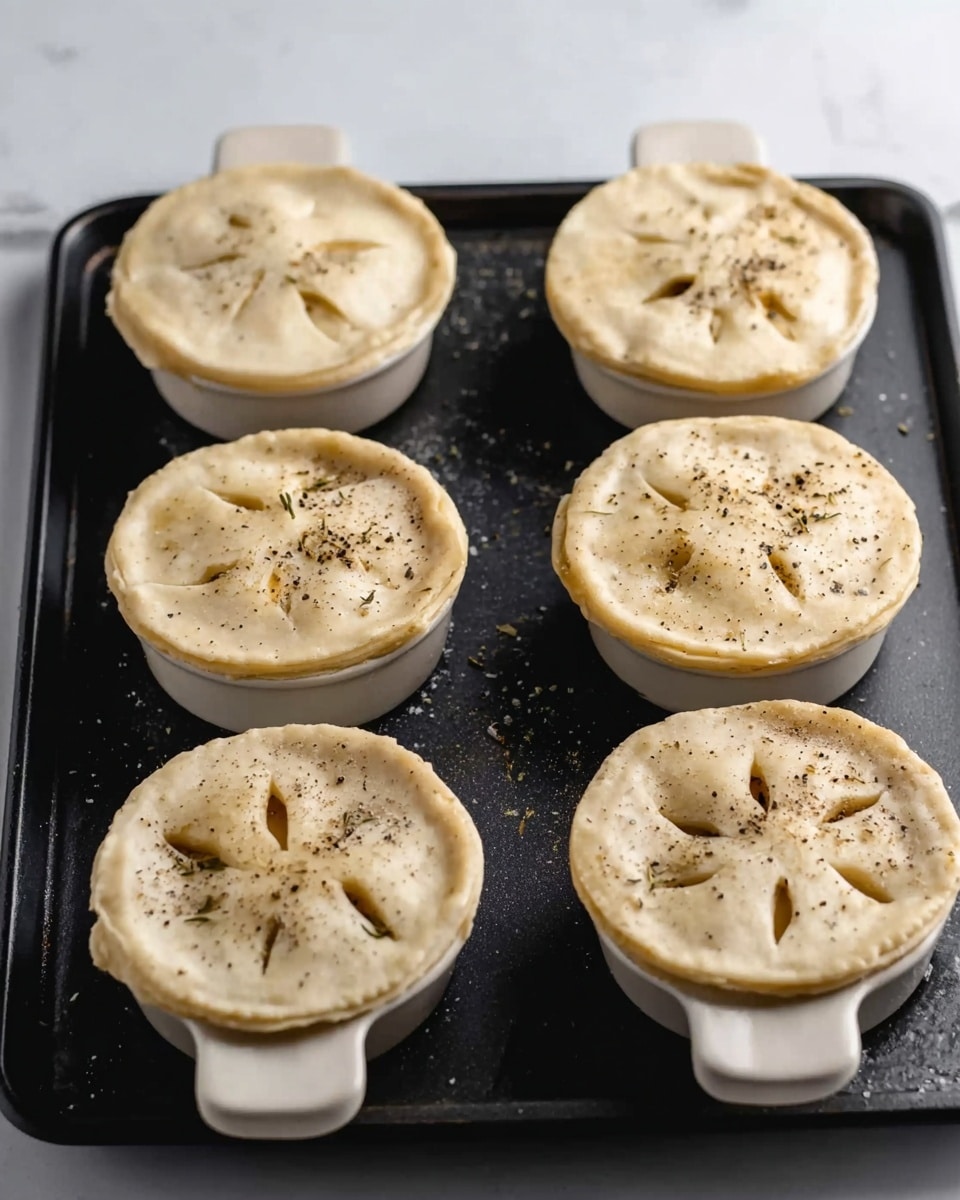 The image shows six small round pies with light golden brown crusts in white handled ceramic dishes arranged on a black baking tray, placed on a white marbled surface. Each pie has a shiny top crust with cut slits shaped like stars or crosses, sprinkled with some coarse black pepper and herbs. The edges of the crusts are slightly crimped, and the tops have a smooth, glossy texture, suggesting an egg wash finish. The pies are evenly spaced, and the baking tray has a simple, clean look with visible handles on each side. The overall scene is bright with soft natural light highlighting the textures and colors of the crusts and tray photo taken with an iphone --ar 4:5 --v 7