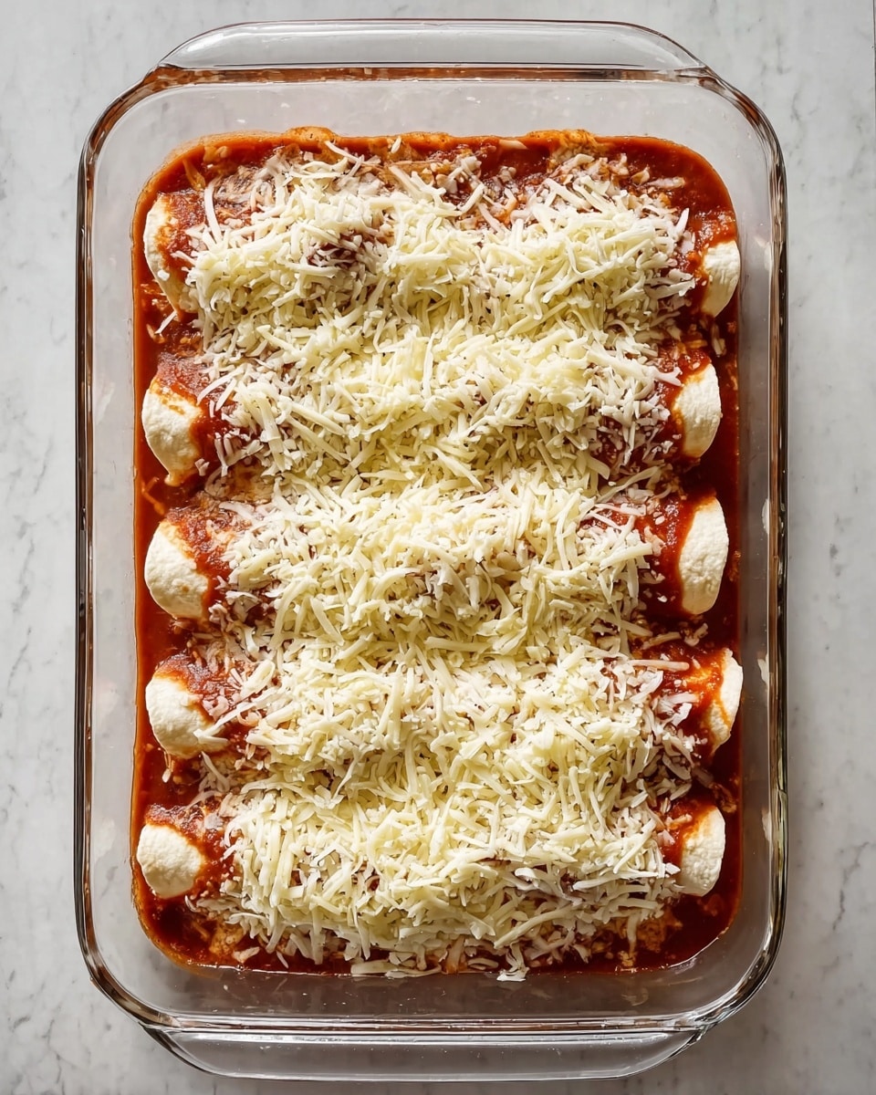 A clear glass baking dish sits on a white marbled surface, filled with ten rolled tortillas arranged evenly in two rows of five. Each tortilla is covered with a layer of red tomato sauce, giving a slightly chunky texture, and topped with a thick layer of shredded white cheese that forms a soft, uneven mound covering the tortillas completely. The tortillas have a light golden-brown color peeking through the sauce on the edges. The dish looks ready for baking with sauce bubbling slightly around the edges. Photo taken with an iphone --ar 4:5 --v 7