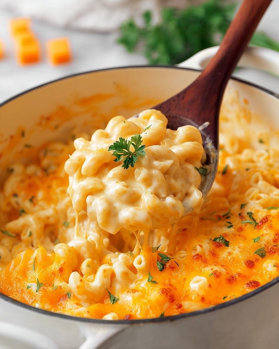 This image shows a close-up of a wooden spoon scooping creamy macaroni and cheese from a white pot. The dish has two main layers visible: the top layer is melted orange cheese that looks smooth and slightly shiny, and beneath is the creamy light yellow macaroni cheese sauce that covers the elbow pasta. A small green parsley leaf sits on top of the macaroni on the spoon and more mac and cheese with similar green parsley bits can be seen in the pot below. The pot is placed on a white marbled surface and some green parsley and orange cheese chunks are partially seen to the side. Photo taken with an iphone --ar 4:5 --v 7