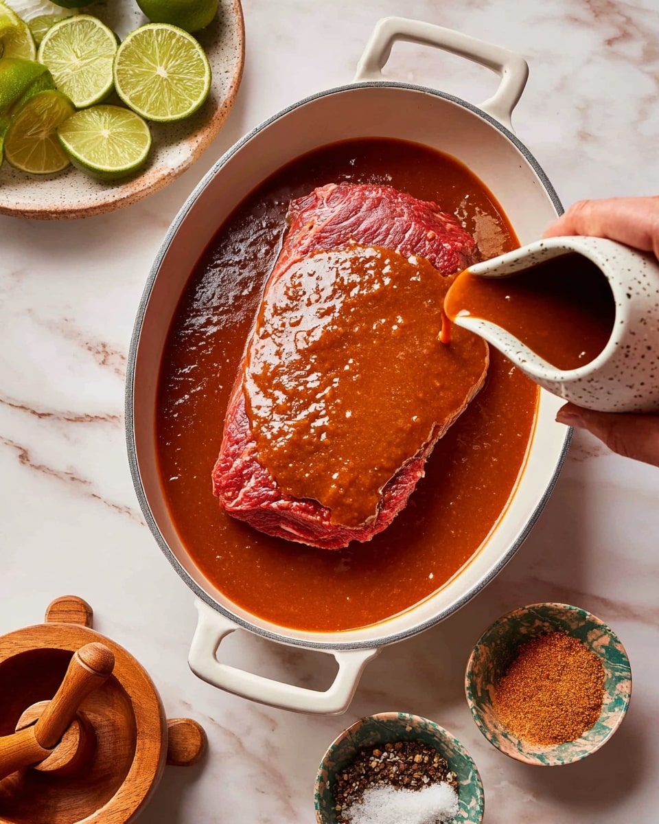 A white oval pan with handles holds a thick, raw red meat piece at the center, partially covered by a smooth, rich reddish-brown sauce being poured on top from a white speckled pitcher held by a woman's hand at the bottom left corner. Around the pan, a wooden citrus juicer is placed on the white marbled surface next to halved limes on the left, while small bowls containing coarse salt, mixed spices, and another ingredient are arranged on the right side. The sauce covers the top and sides of the meat, creating a layered look with the shiny, textured meat and the thick, velvety sauce surrounding it. Photo taken with an iphone --ar 4:5 --v 7