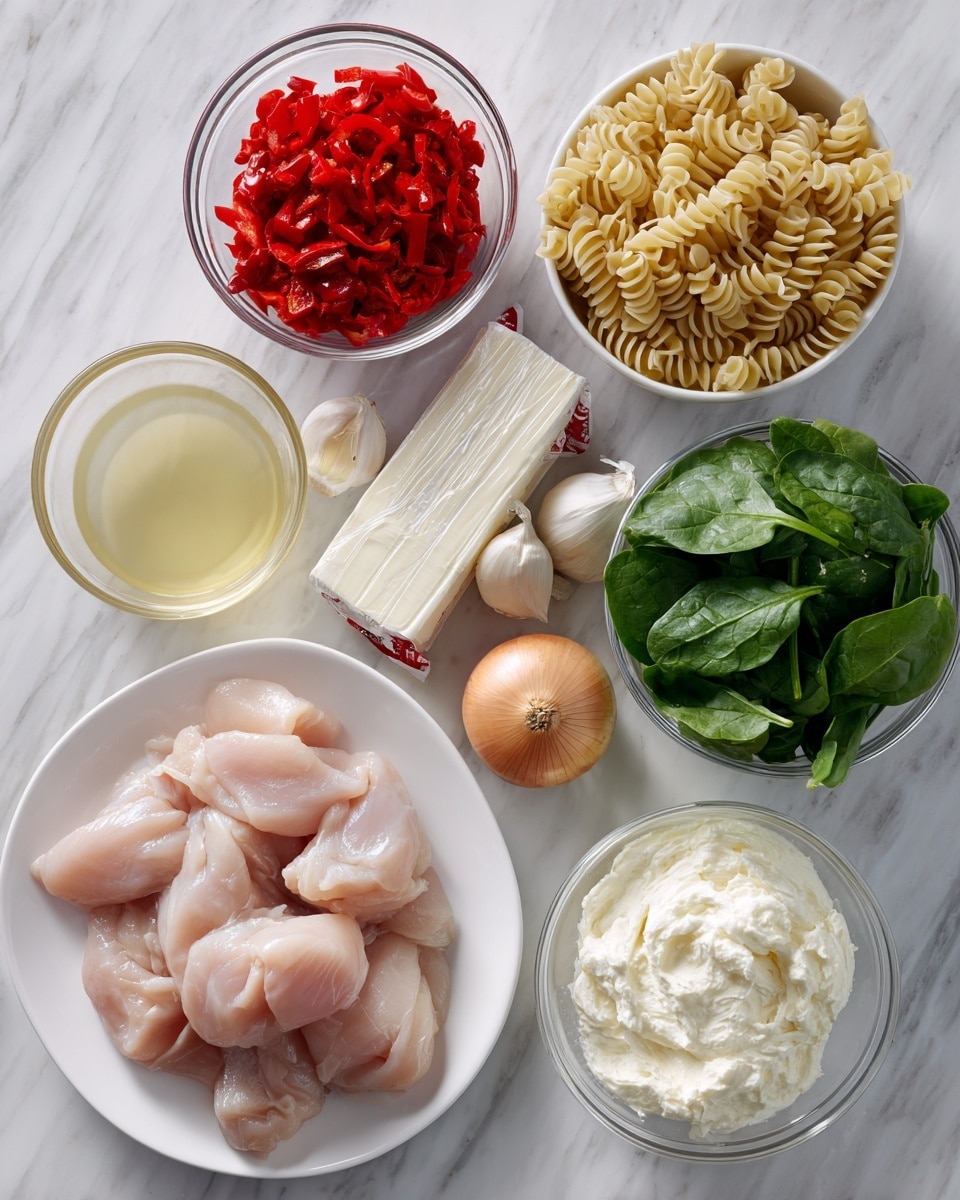 The image shows several ingredients arranged on a white marbled surface. Starting from the left, there is a white plate with raw chicken pieces that are pale pink and smooth. Above this plate is a clear glass bowl filled with bright red chopped red peppers. At the center top, there is another clear glass bowl containing light beige twisted pasta. On the upper right, a white bowl holds fresh green spinach leaves with a vibrant and slightly shiny texture. In the middle, a stick of butter wrapped in a white and red wrapper is placed next to a whole yellow onion with a slightly rough skin. Below the onion, there are several cloves of garlic with white skin. To the right, a clear glass bowl is filled with a pale yellow liquid stock. At the bottom center, another clear glass bowl contains creamy white cream cheese with a smooth and fluffy texture. Photo taken with an iphone --ar 4:5 --v 7