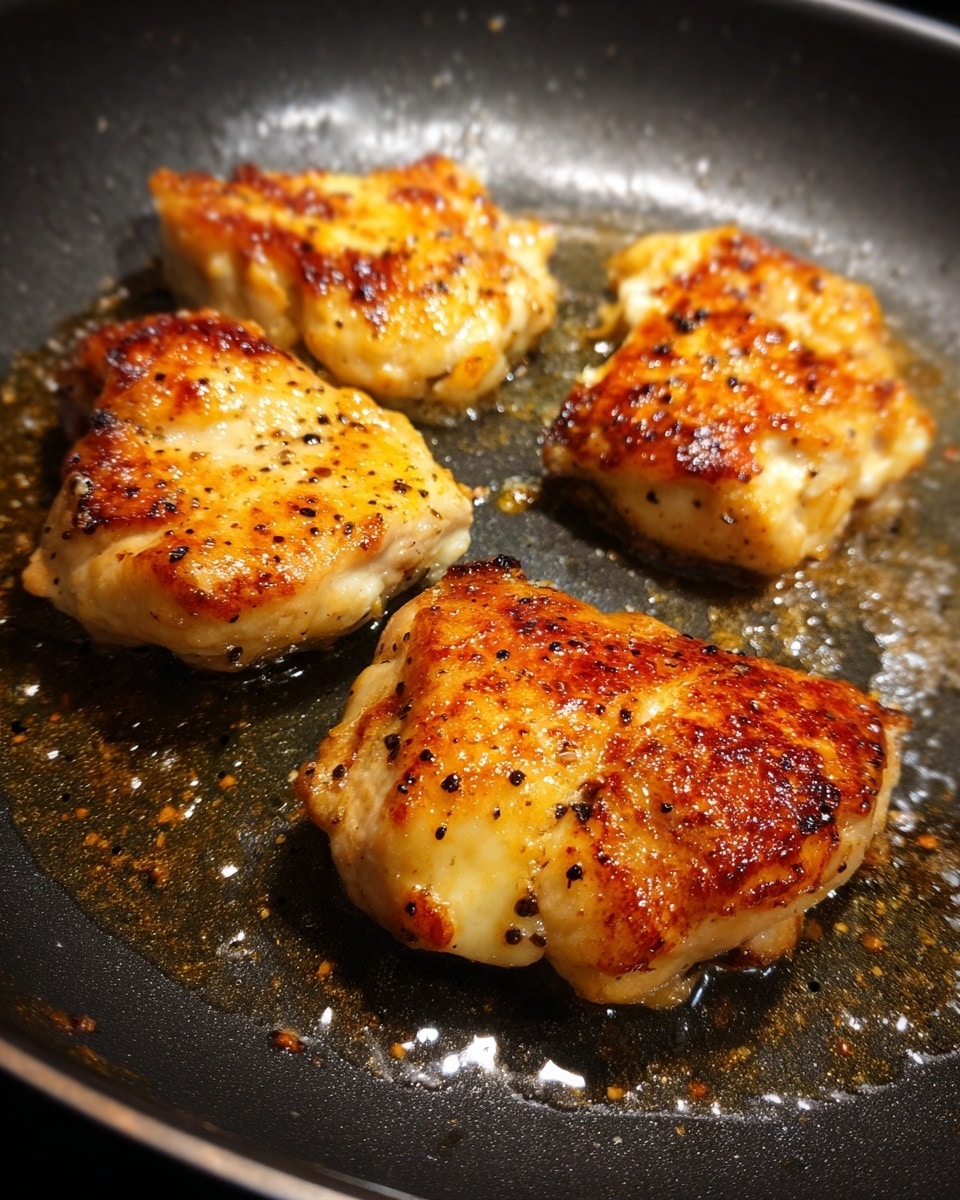 Four pieces of light golden brown chicken pieces cooking in a dark gray pan with specks of black pepper on top. The chicken pieces have slight browning on the edges and some juicy texture showing. The pan appears to have a shiny, oily surface. Text above the chicken reads