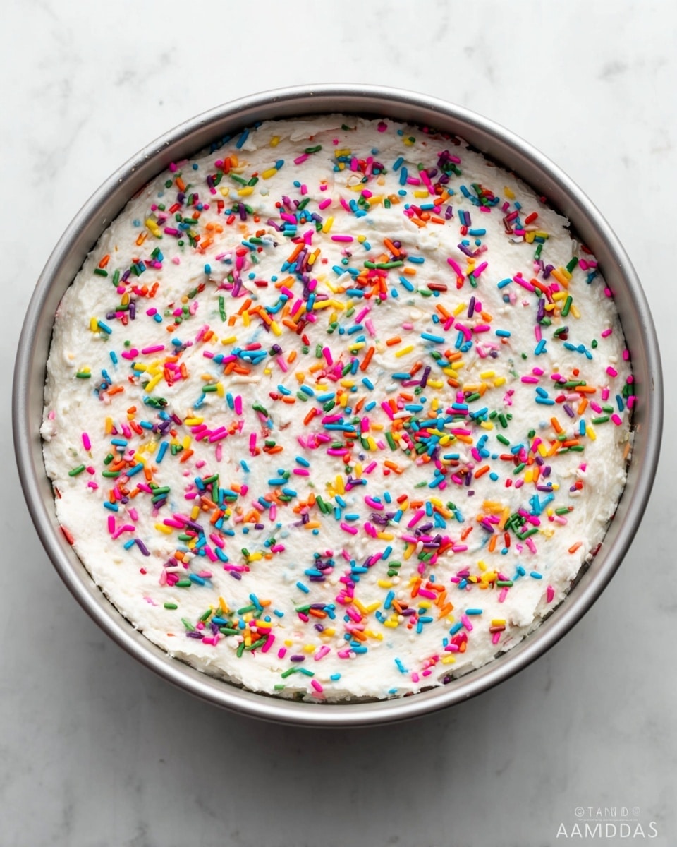 The image shows a round pan filled with a thick layer of white frosting that has a slightly rough, creamy texture. On top of the frosting, there is a generous, even spread of colorful sprinkles in red, blue, green, yellow, orange, purple, pink, and white scattered all over. The pan is placed on a white marbled textured surface, giving a clean and bright look to the scene. Photo taken with an iphone --ar 4:5 --v 7