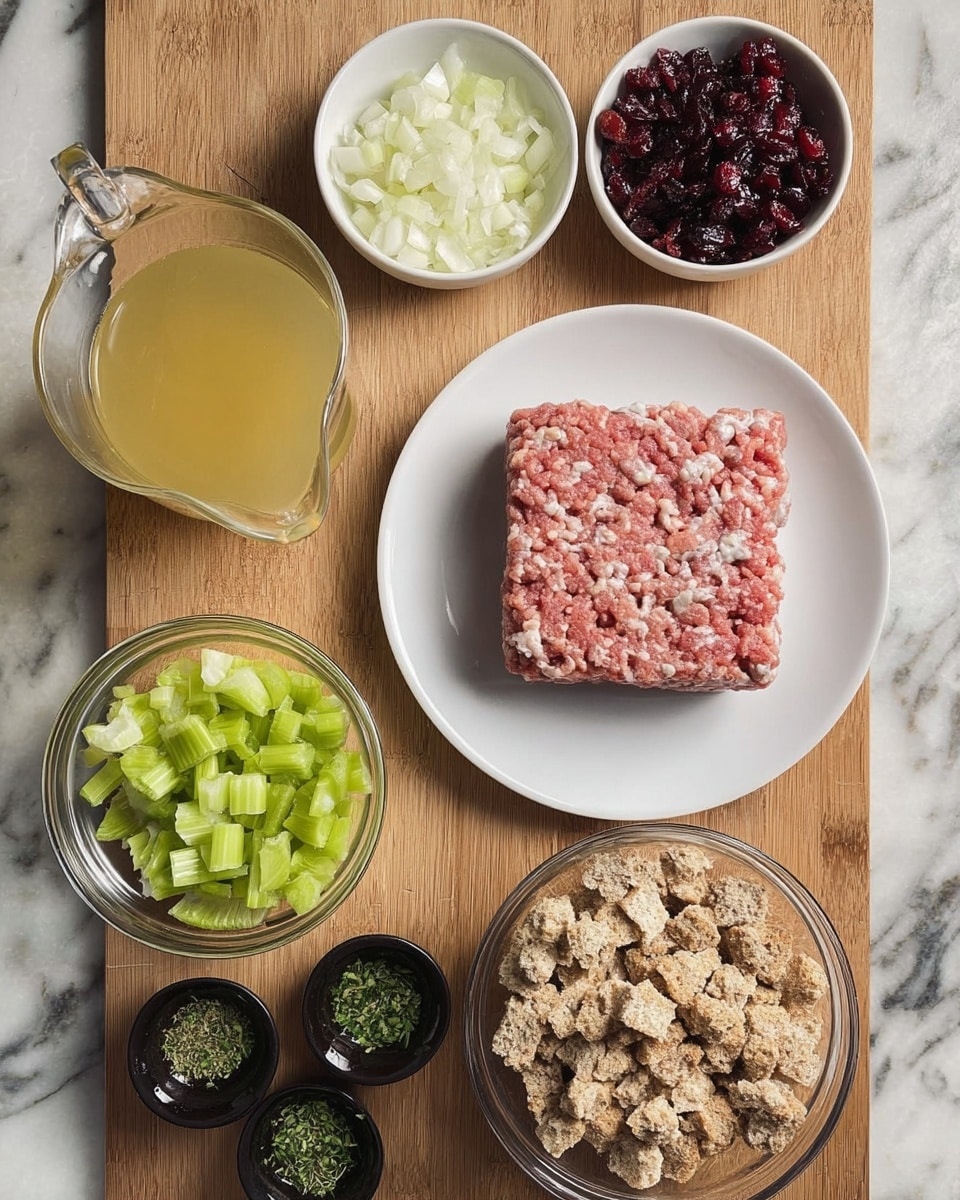 The image shows a neat arrangement of ingredients on a wooden surface with a white marbled texture. There is a square block of raw ground meat with a pink and white mix placed on a white plate to the right center. Below and to the right is a clear glass bowl filled with light brown and beige crumbly bread pieces. To the left of the plate, a small white bowl contains bright green chopped celery pieces. Above this, another small white bowl is filled with finely chopped white onions. At the top right, a small white bowl holds dark red dried cranberries. In the top left corner, a clear glass pitcher contains a light yellow liquid, possibly broth. Near the bottom left, three small black cups hold finely chopped green herbs. The photo is taken with an iphone --ar 4:5 --v 7