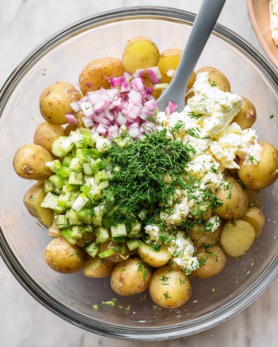 A clear glass bowl holds the layers of a fresh potato salad, beginning with halved light brown baby potatoes with a soft, slightly crumbly texture arranged on the bottom and sides. On top, there is a layer of thinly sliced light pink onions scattered among the potatoes. Fresh diced green celery pieces form a bright cluster to one side. Chopped white and green pickles create a textured layer near the celery, while dollops of smooth creamy white dressing sit in the center. Sprinkled over the dressing and potatoes is a generous amount of finely chopped deep green dill and chives, adding vibrant color and texture. A gray spatula rests inside the bowl, partially inserted among the ingredients. The bowl is placed on a white marbled surface. Photo taken with an iphone --ar 4:5 --v 7