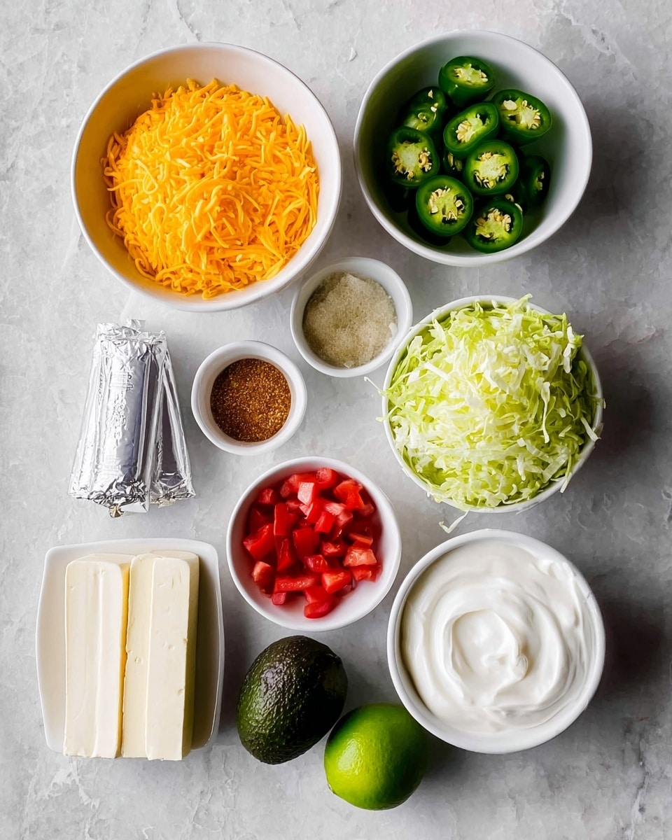 This image shows a white marbled surface with several white bowls and ingredients arranged neatly. At the top left, a large white bowl is filled with bright orange shredded cheese. To its right, a smaller white bowl contains sliced green jalapeños with visible seeds. Below the cheese, a small white bowl holds red diced tomatoes. Next to it on the right, a medium white bowl is filled with shredded light green lettuce. Further down, a small white bowl contains a brownish spice mix. Below this bowl, three silver-wrapped sticks of cream cheese are stacked. To their right, a whole green lime and a dark green avocado sit side by side. At the bottom right, a large white bowl is filled with smooth, white sour cream. photo taken with an iphone --ar 4:5 --v 7