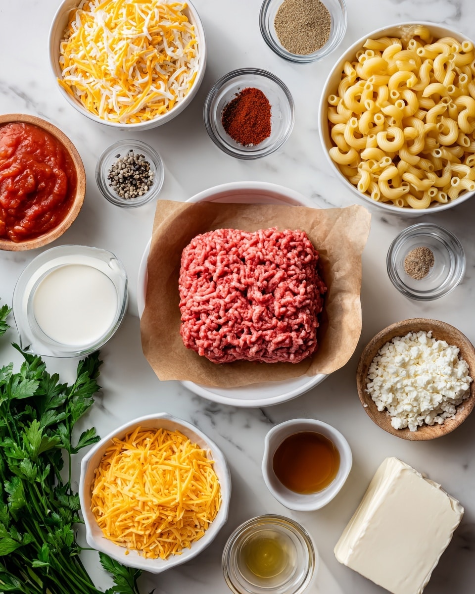 The image shows various cooking ingredients arranged neatly on a white marbled surface. In the center, a square piece of raw ground beef sits on brown parchment paper inside a white bowl. Surrounding it, there are small white bowls filled with shredded cheddar cheese, shredded mozzarella cheese, diced tomatoes, milk, and sour cream. There are also tiny clear glass bowls and a small wooden bowl holding different spices and sauces, such as paprika, garlic powder, onion powder, black pepper, crushed red pepper, beef bouillon, Worcestershire sauce, and ketchup. In addition, a yellow onion, fresh green parsley, elbow macaroni in a white bowl, beef broth in a white bowl, and a block of cream cheese on parchment paper are all placed around the main item. The layout is clear and the colors are fresh and bright. Photo taken with an iphone --ar 4:5 --v 7
