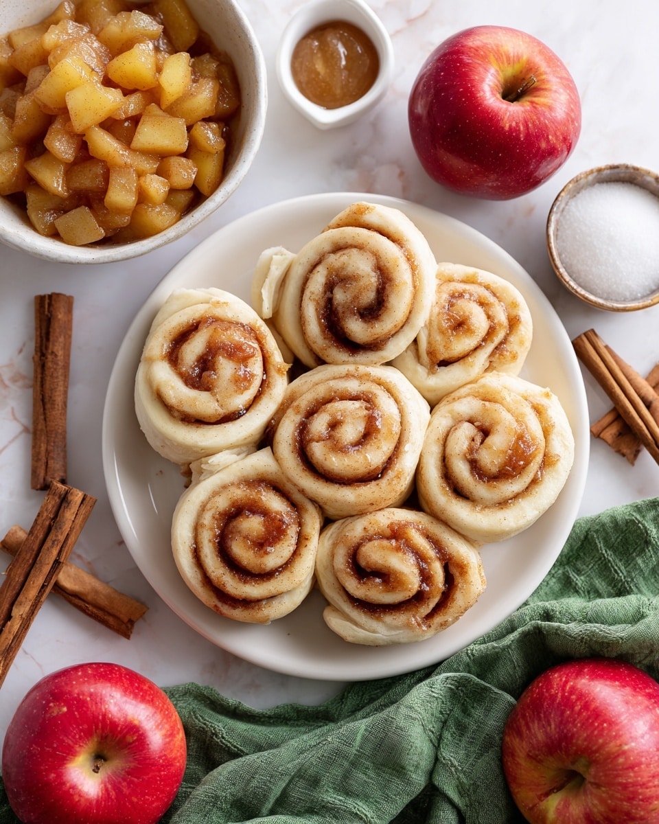 In the image, a white plate holds a stack of cinnamon rolls arranged in a circular pattern, each roll showing a spiral shape with light brown cinnamon filling inside soft, pale dough. Nearby, a white bowl is filled with thick, chunky apple pie filling that is pale yellow with translucent apple slices coated in glossy syrup. Around these, there are several bright red apples scattered, along with small white bowls containing cinnamon sticks and white icing, all placed on a white marbled surface with a green cloth partially visible. Photo taken with an iphone --ar 4:5 --v 7