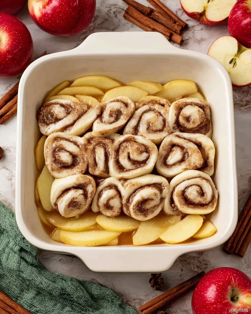 A white rectangular baking dish filled with two visible layers: the bottom layer consists of smooth, shiny, yellow apple slices neatly arranged in a single layer covering the entire base, while the top layer is made up of uncooked cinnamon rolls arranged side by side, showing a swirled pattern of white dough with brown cinnamon filling. The dish is placed on a white marbled surface, surrounded by whole red apples, apple halves, cinnamon sticks, and a green cloth. The image is warm and inviting, with soft natural light. photo taken with an iphone --ar 4:5 --v 7