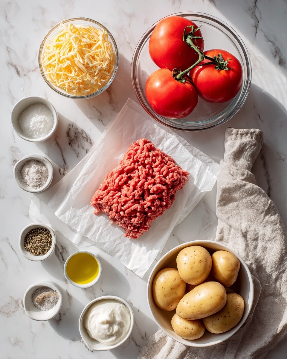 The image shows a top-down view of various ingredients arranged neatly on a white marbled surface. At the center, there is a rectangular mound of raw ground beef resting on white paper. To the top right, a clear glass bowl holds three whole red tomatoes with green stems. Below the tomatoes, a white bowl is filled with several peeled yellow potatoes. To the top left of the ground beef, a white bowl contains shredded pale yellow cheese. Below the cheese, small bowls hold dried Italian seasoning, garlic powder, salt, black pepper, and sour cream with a smooth, creamy texture. A small saucer with clear olive oil is placed near the tomatoes. A soft, light-colored cloth is casually placed on the right side. The lighting is bright and natural, enhancing the fresh colors of all ingredients. Photo taken with an iphone --ar 4:5 --v 7