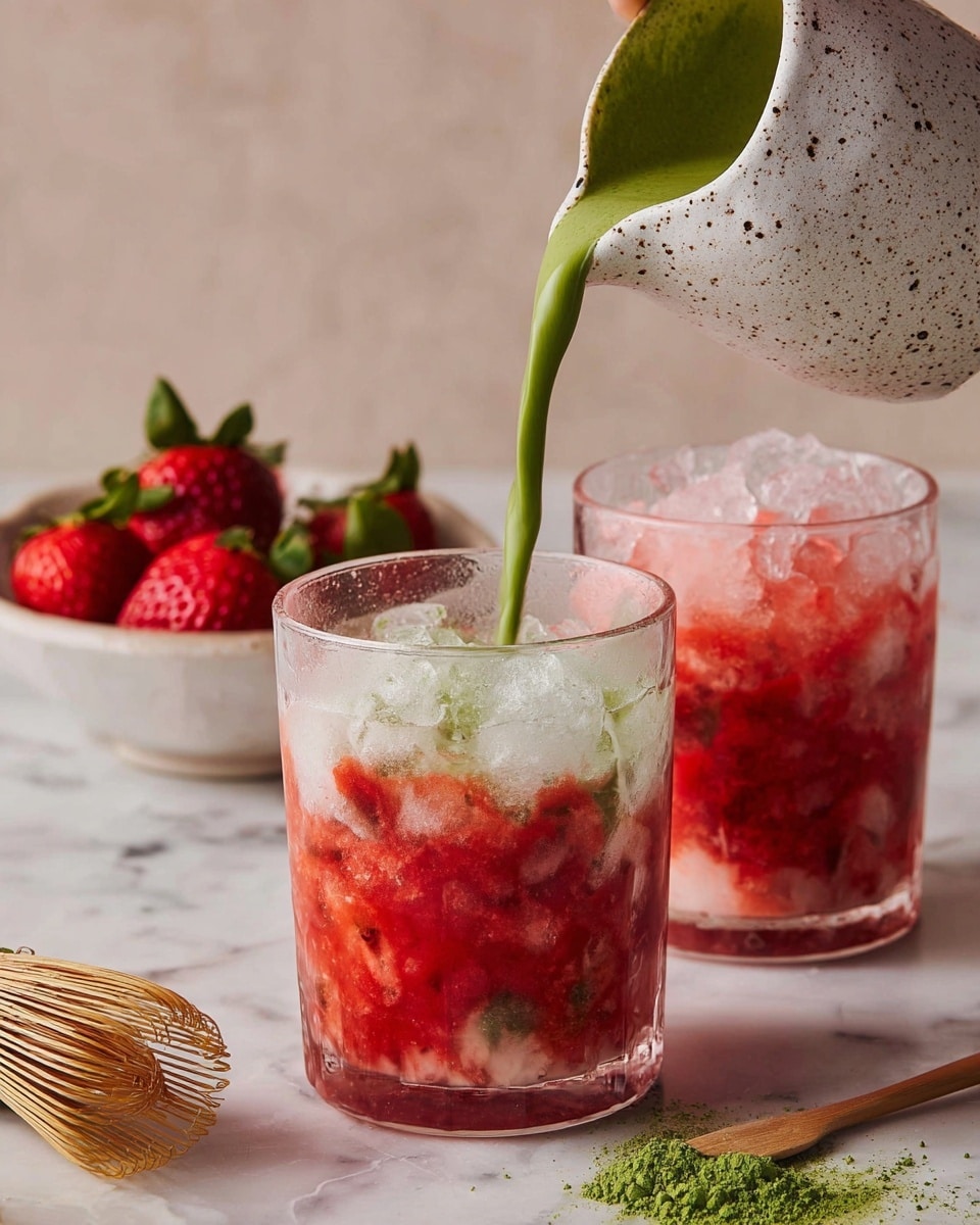 Two clear textured glasses sit on a white marbled surface, each filled with crushed ice and a layered red and white mixture resembling crushed strawberries and cream. In the front glass, a vibrant green liquid is being poured from a speckled white pitcher, creating a swirling effect as it blends with the red and white base. In the background, a white bowl holds whole and halved strawberries, adding a fresh and bright contrast. A bamboo matcha whisk lies on the bottom left corner, and some green matcha powder dusting is visible on the right side of the image. photo taken with an iphone --ar 4:5 --v 7