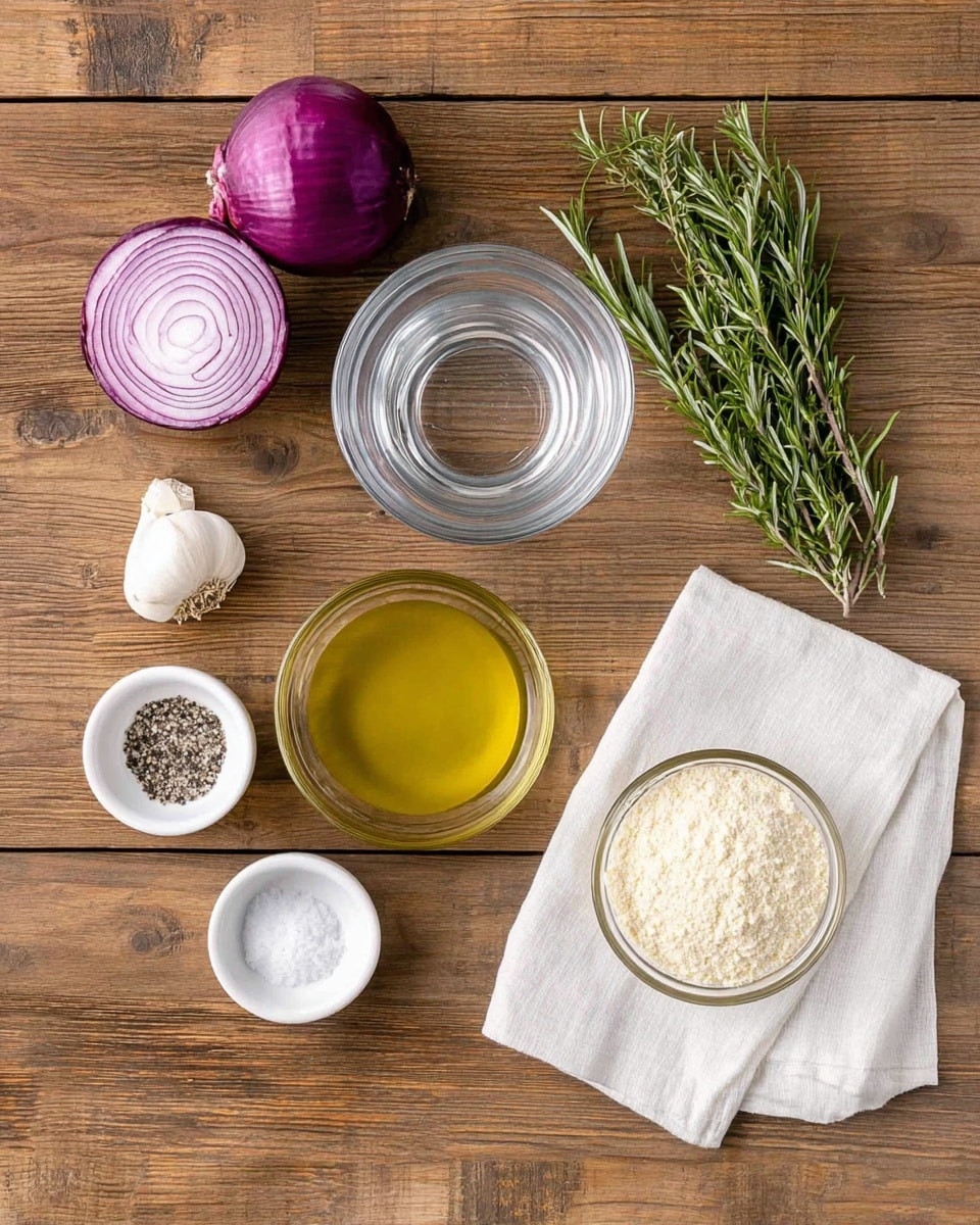 The image shows cooking ingredients arranged on a wooden surface, featuring two halves of a purple onion at the top left, and a small bunch of green rosemary sprigs at the top right. Below the onions is a clear glass bowl with water, while directly to its right is a white bowl filled with yellow olive oil. At the bottom right of the image is a clear glass bowl containing a pale-yellow powder, likely flour or a similar ingredient, placed on a white cloth napkin. At the bottom left are small white bowls with white salt and black pepper, accompanied by a whole garlic bulb placed between them. photo taken with an iphone --ar 4:5 --v 7