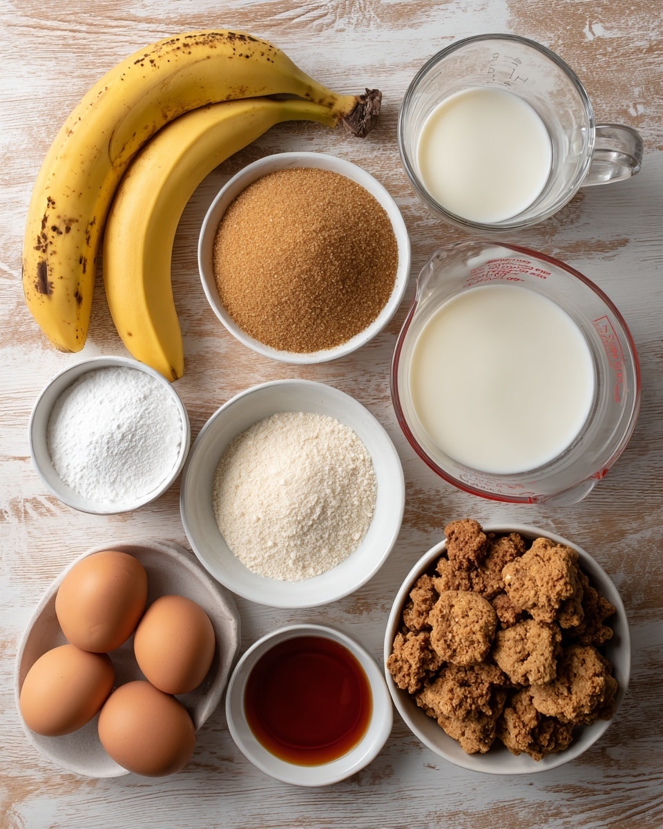 The image shows various baking ingredients arranged on a wooden surface with a white marbled texture added as background. There are two yellow bananas with brown spots in the top left corner. Below and to the right there is a small white bowl filled with light brown brown sugar. Next to it on the right is a clear measuring cup filled with cream, and below that another clear measuring cup filled with milk. In the middle left is a small white bowl filled with granulated white sugar. Below that is a cluster of six brown eggs spread out a bit. Near the bottom right is a small white bowl filled with a reddish-brown liquid labeled vanilla. At the bottom right corner there is a white bowl filled with crushed cookies showing pieces in various browns and cream colors. The items are neatly spaced apart for clear visibility. Photo taken with an iphone --ar 4:5 --v 7