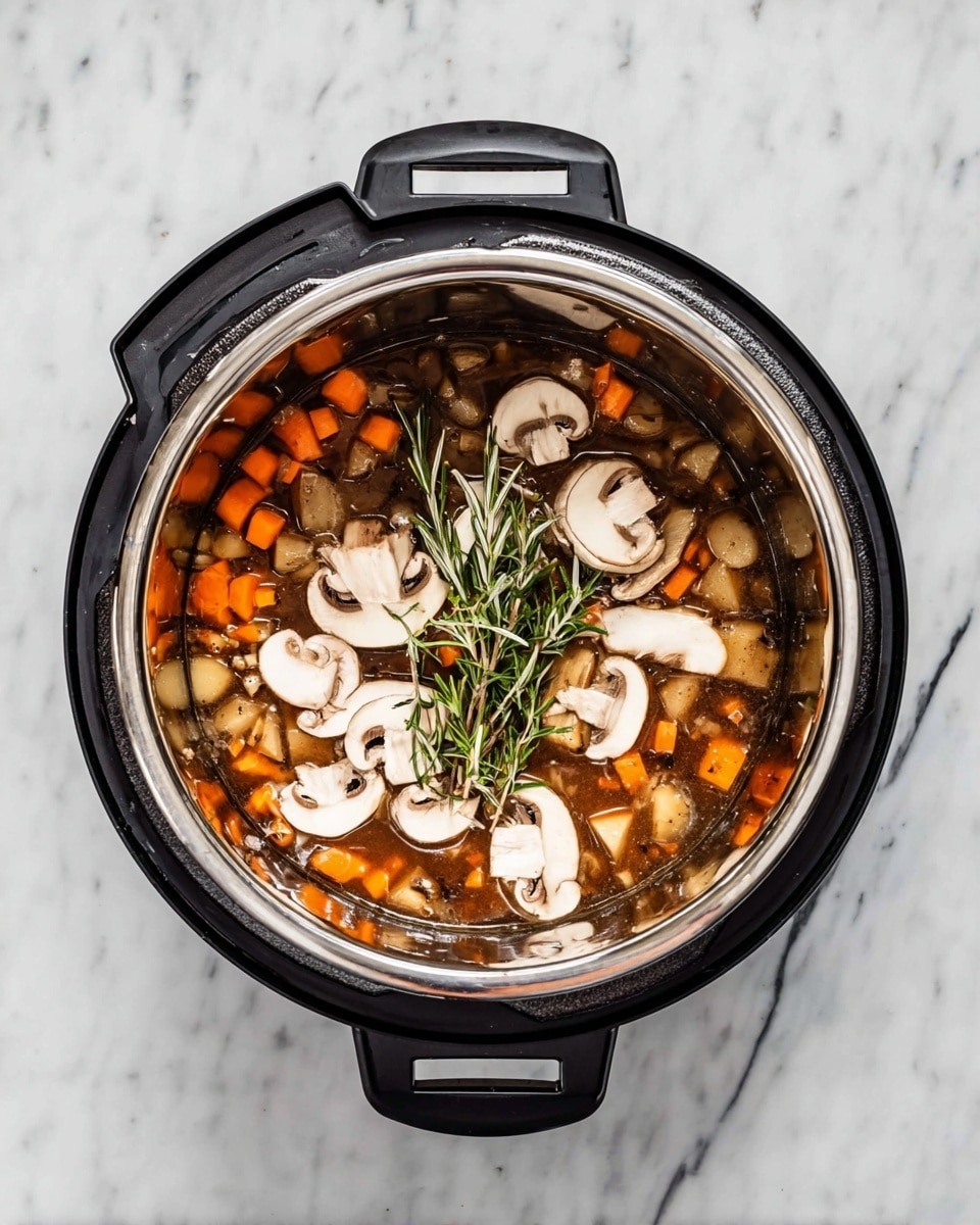 The image shows a top-down view of a black electric pressure cooker filled with broth and several ingredients. The broth is dark brown and mostly covers the bottom layer. On top of the broth, diced orange carrots and small light brown potato pieces are spread throughout. The next layer includes fresh sprigs of green rosemary placed near the center. White and brown sliced mushrooms with soft, smooth textures float on the top, arranged evenly around the rosemary. The cooker sits on a white marbled surface. photo taken with an iphone --ar 4:5 --v 7