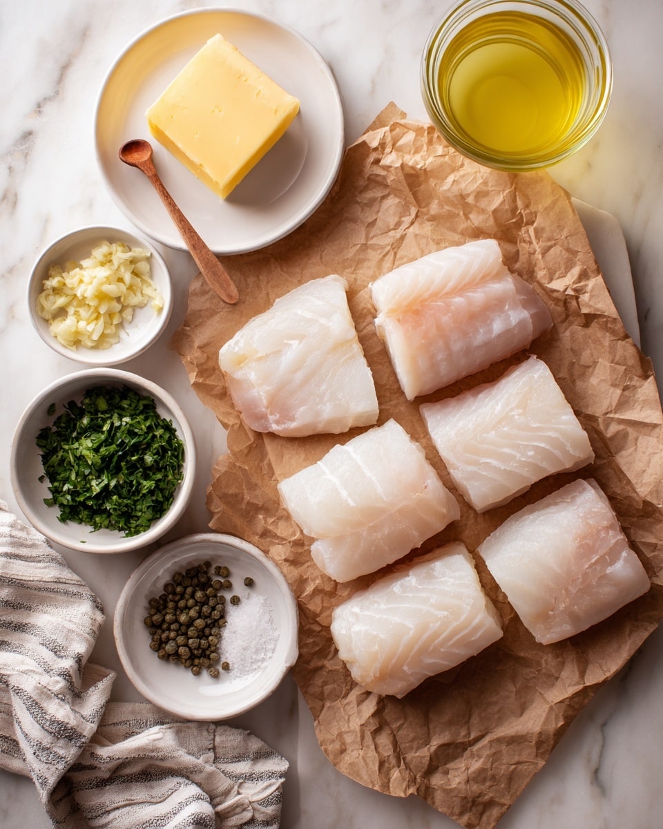 The image shows six raw cod filets with a pale pink and white color placed on crumpled brown parchment paper in the center. Around the cod, there are small white bowls arranged on a white marbled surface, each holding different ingredients: minced garlic with a soft coarse texture, finely chopped bright green parsley, dark green capers, lemon zest which is thin and yellow, ground black pepper, and coarse white salt with a small wooden spoon. A clear glass filled with light yellow lemon juice and another with pale yellow veggie broth are also present. A small round white plate holds a square piece of light yellow butter. A light gray and white striped cloth is seen to the right under the parchment and bowls. Photo taken with an iphone --ar 4:5 --v 7