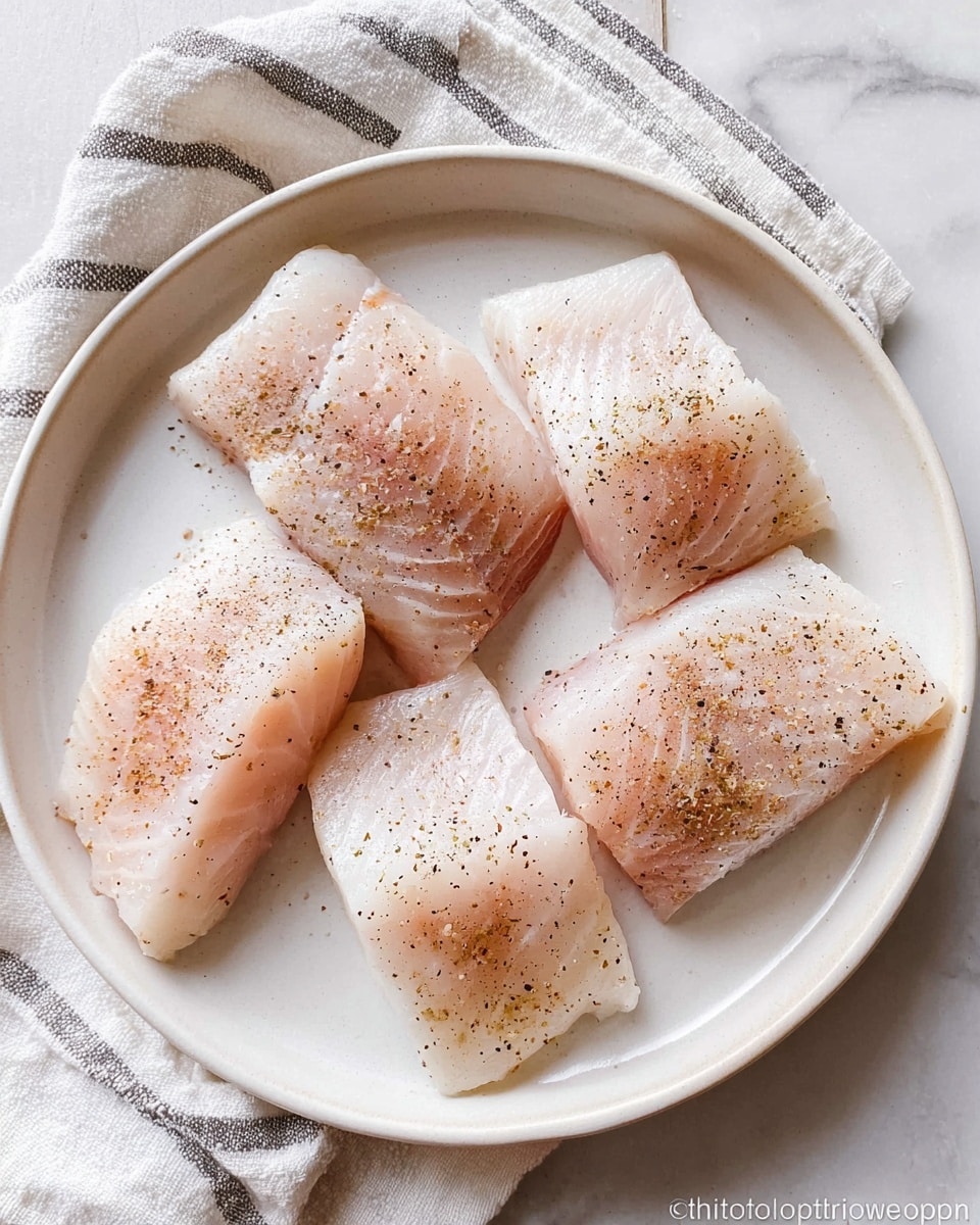 A white plate holds five raw fish fillets arranged loosely in a circular pattern, each piece having a pale pinkish-white color with a soft, slightly shiny texture. The fillets are sprinkled evenly with coarse black pepper and light brown seasoning, adding a speckled look on their smooth surfaces. The plate sits on a white marbled surface, next to a white cloth with thin black stripes. The light is soft, highlighting the fresh and moist appearance of the fish. photo taken with an iphone --ar 4:5 --v 7
