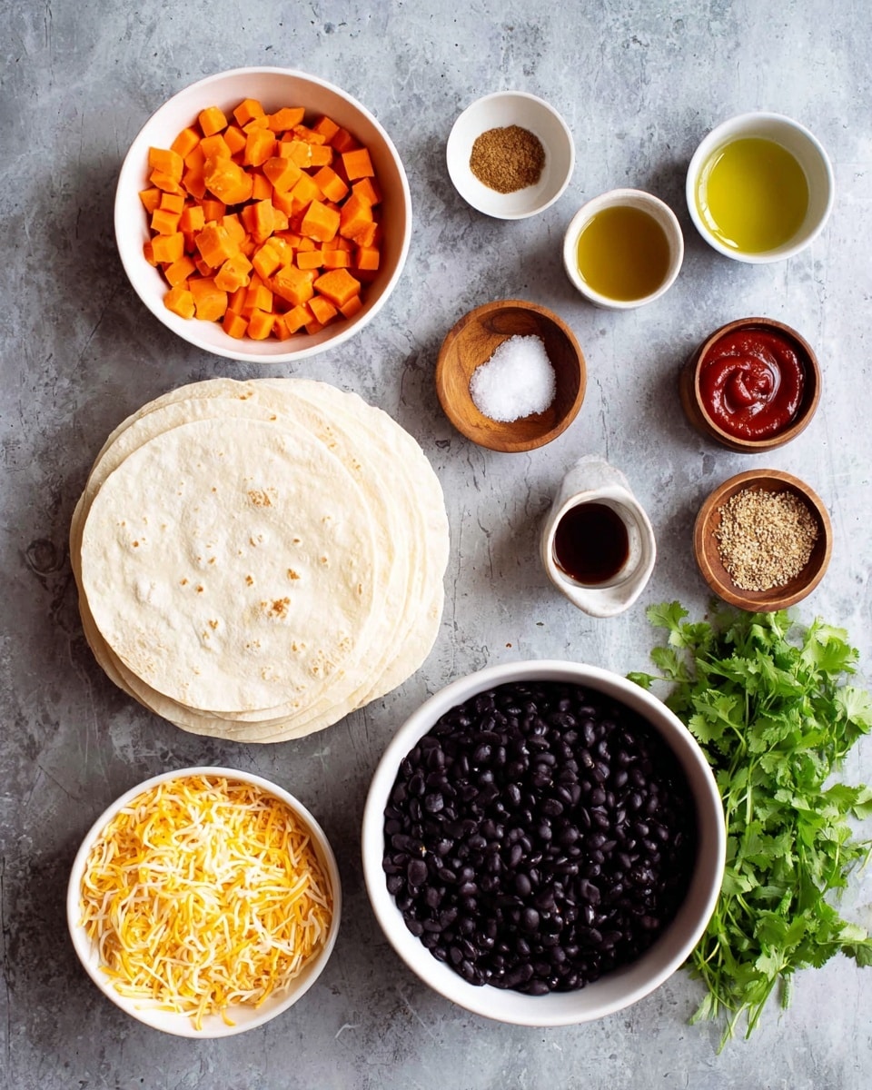 The image shows all the ingredients for a recipe neatly placed on a white marbled surface. In the center, there is a stack of white tortillas with a soft texture and pale color. Surrounding the tortillas are several bowls: a large white bowl filled with small orange carrot cubes on the left, a large white bowl of black beans on the right, and another white bowl at the bottom right containing shredded yellow cheese. Above the large bowls, there are three small wooden bowls with different spices: a light brown powder, a darker brown powder, and minced garlic. There are two small white bowls between the spices and the black beans, one holding olive oil and the other a dark red paste. Two small canned tomato sauces are placed near the top center. On the far right, there is a bunch of fresh green cilantro. The whole arrangement is clean and well-organized, with bright and natural colors. photo taken with an iphone --ar 4:5 --v 7