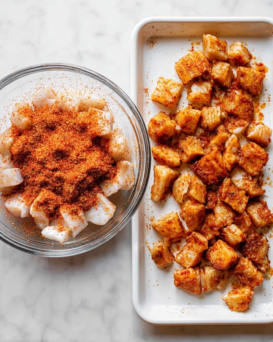 The image shows a side-by-side view of two cooking stages for small white fish pieces seasoned with red spices. On the left, the raw white fish pieces are in a clear glass bowl, covered with a bright orange-red spice powder, giving a rough, powdery texture on top. On the right, the same fish pieces are cooked and placed on a white bowl lined tray, turning golden brown with a slightly crispy and oily texture. The pieces are scattered evenly across the tray with some browning spots visible. The background under both items is a white marbled surface. Photo taken with an iphone --ar 4:5 --v 7