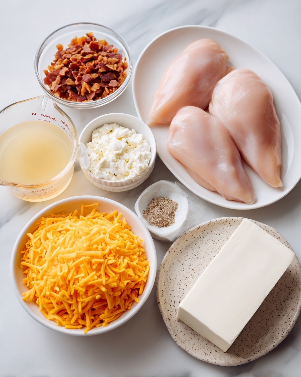 The image shows cooking ingredients placed on a white marbled surface. On the right side, there is a white plate holding three raw light pink chicken pieces that are smooth and plump. To the left of the chicken, there is a clear measuring cup filled with pale yellow chicken broth. Below that, a white bowl is filled with bright orange shredded sharp cheddar cheese, showing its fine texture. Next to the cheese, a small white bowl contains browned, crispy cooked bacon bits. To the right of the bacon, on a white speckled plate, is a clean, rectangular block of smooth white cream cheese. Below the cheese, a small clear bowl holds white ranch seasoning mix with a powdery texture, and beside it is a tiny white bowl with finely ground brown seasoned salt. The setup is well organized and brightly lit, with a clean, fresh appearance. photo taken with an iphone --ar 4:5 --v 7