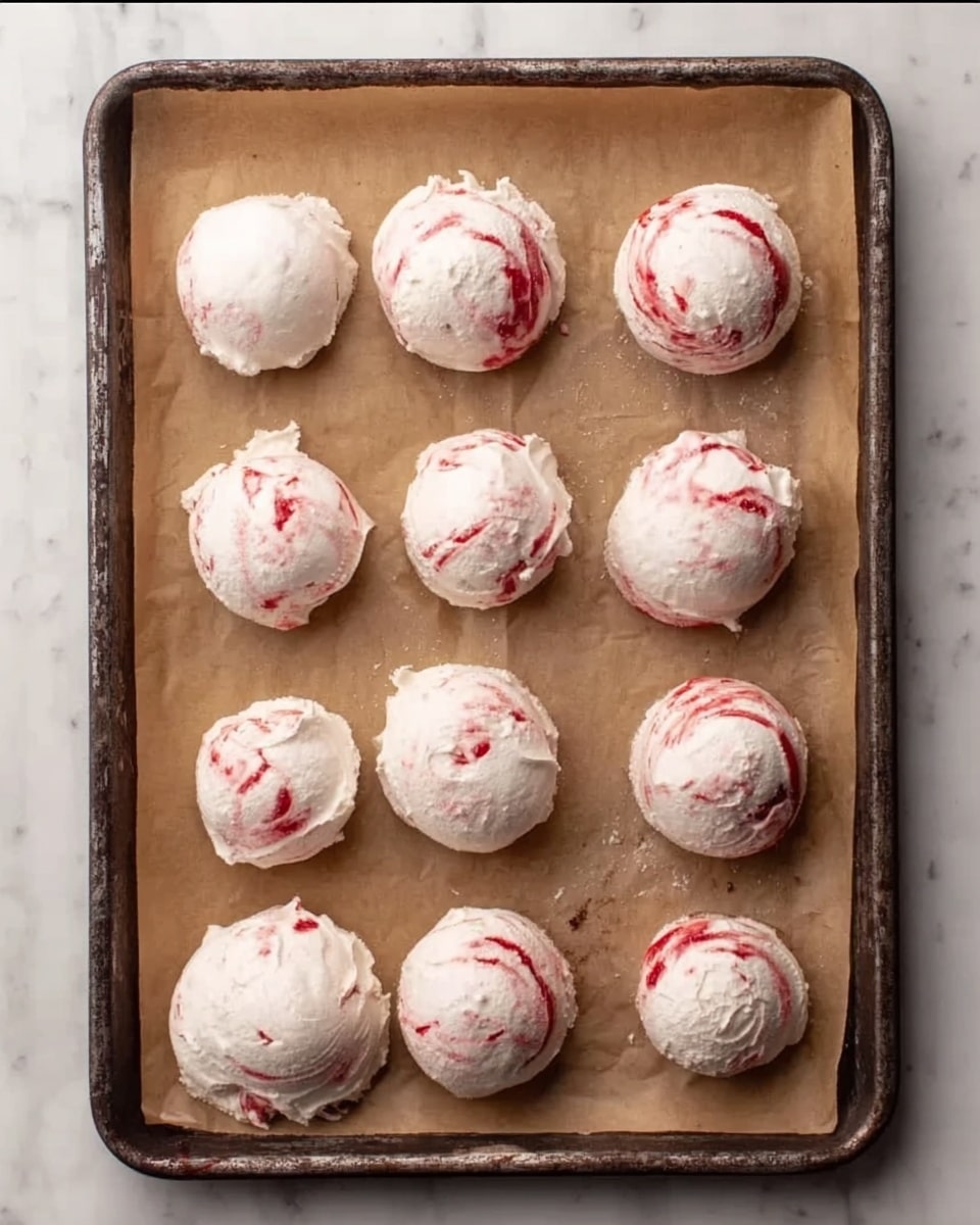 The image shows nine round dollops of white meringue mixture with red swirls spread evenly in three rows on a baking tray lined with brown parchment paper. Each meringue has a smooth, slightly glossy texture and a bit of roughness around the edges, with red streaks mixed throughout that look like fruit or syrup. The baking tray is dark metal, and the background is a white marbled surface. The meringue dollops are spaced apart with some variation in size and shape. photo taken with an iphone --ar 4:5 --v 7