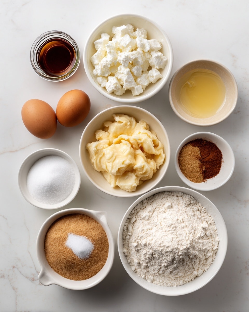 The image shows eight white bowls and one small jar arranged in a line on a white marbled surface. From left to right, there is a small jar with dark brown vanilla extract, a white bowl with white cottage cheese that has a slightly lumpy texture, a white bowl with two whole brown eggs, a white bowl with melted butter that is light yellow and smooth, a small pitcher with mashed bananas that are light tan and soft, a white bowl with light brown sugar that looks fluffy, and a large white bowl filled with all-purpose flour, with a small pile of cinnamon, baking soda, baking powder, and salt placed on top of the flour in distinct spots. Each bowl is filled in a neat and clean way that shows the different colors and textures of the ingredients clearly. Photo taken with an iphone --ar 4:5 --v 7