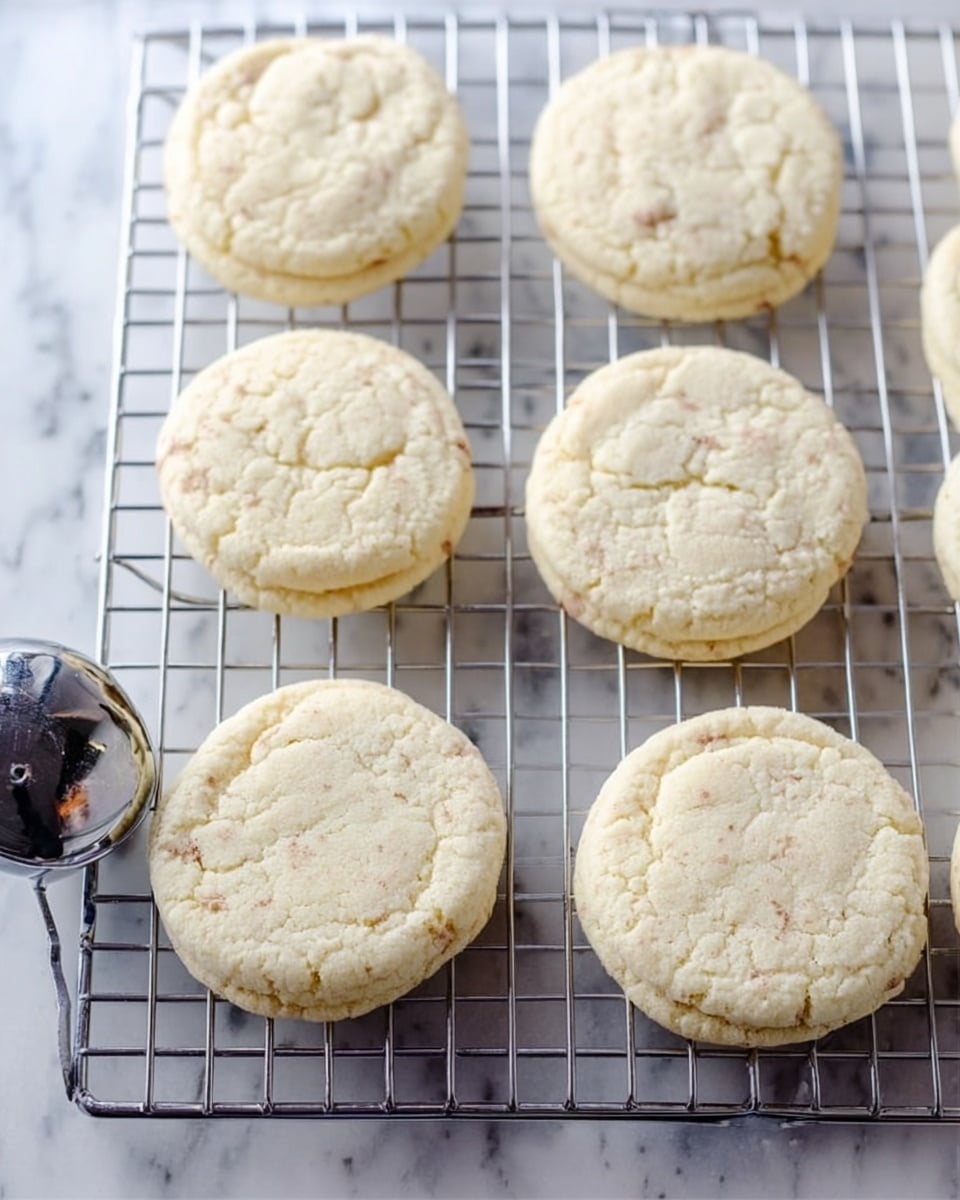 There are eight round cookies on a silver metal cooling rack over a white marbled surface. The cookies are pale cream in color with a soft, slightly cracked texture. You can see some small, light brown bits inside the cookies, adding some speckled texture. A shiny metal ice cream scoop is placed near the bottom left corner of the rack. The photo gives a close view of the cookies, showing their soft and smooth surface with subtle ridges and cracks. photo taken with an iphone --ar 4:5 --v 7