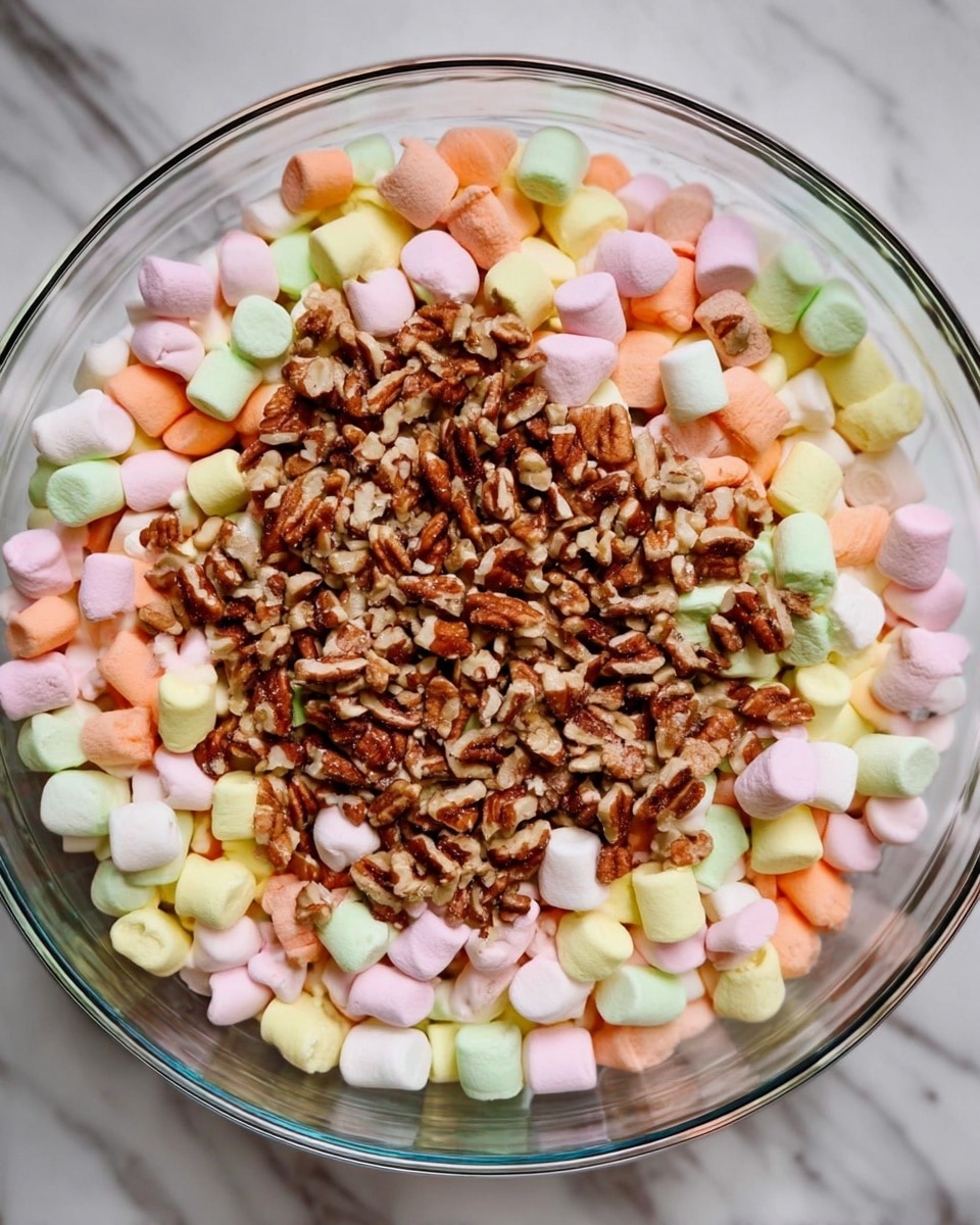 A clear glass bowl filled with a layer of small, soft pastel marshmallows in pink, yellow, orange, and green colors. On top of the marshmallows is a generous sprinkle of chopped brown nuts, spread evenly across the center and edges. The bowl sits on a white marbled surface. Photo taken with an iphone --ar 4:5 --v 7