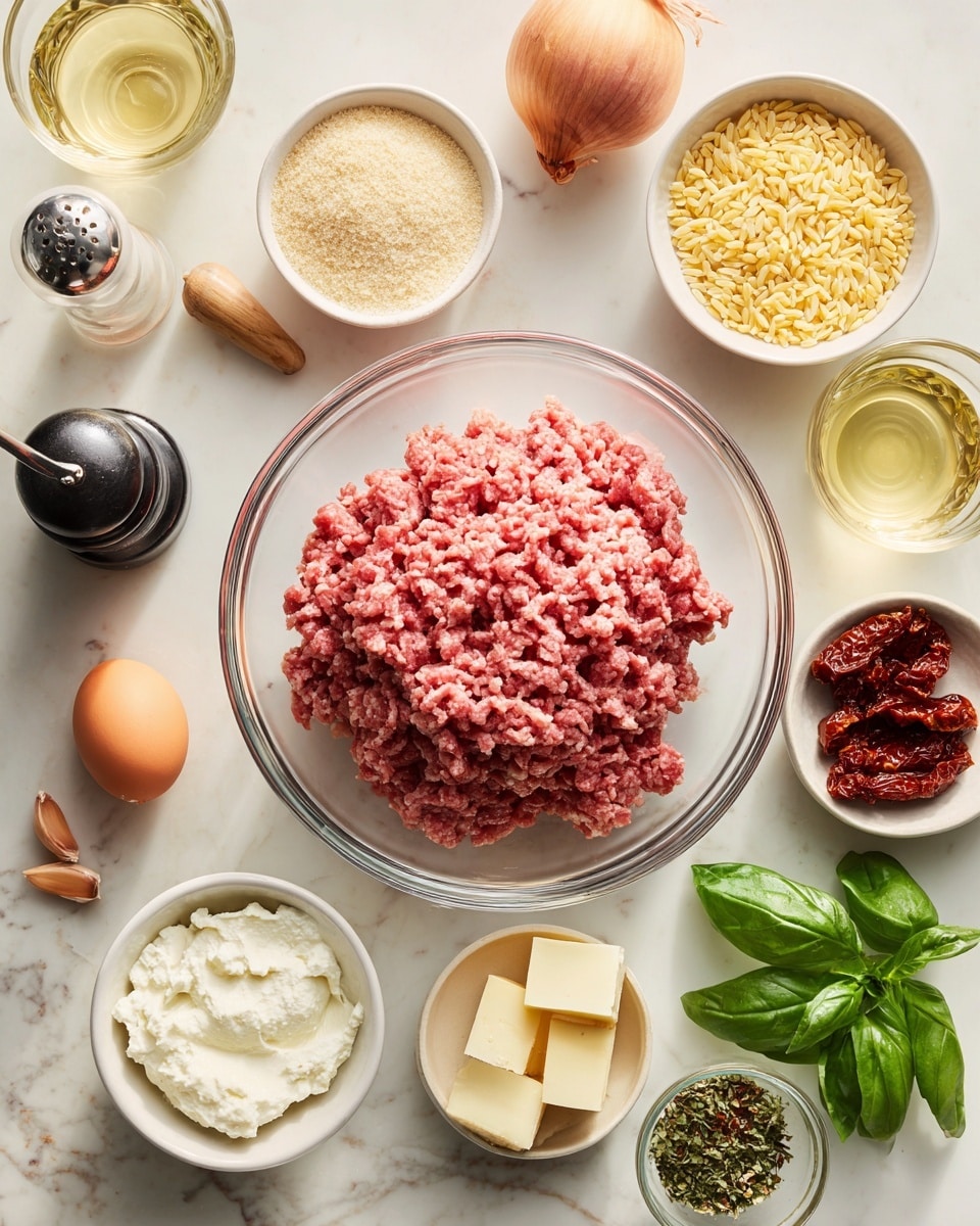 A clear round bowl in the middle holds a mound of raw ground beef with a pink and red mix of colors and coarse texture. Around it on a white marbled surface are small white bowls and containers: top right has pale yellow orzo grains in a white bowl with a smooth texture; next is a single brown egg; a small bowl of finely grated pale yellow Parmesan cheese; a bunch of bright green fresh basil leaves; a tiny wooden bowl of pink salt; a small white bowl with sun-dried tomatoes that are deep red with a wrinkly texture; a black pepper grinder with visible black and gray peppercorns inside; a white bowl with white sour cream; another white bowl with pale yellow butter chunks; a clear glass cup with a pale golden liquid labeled white wine; a small bowl of light brown bread crumbs; a single whole yellow onion with dry skin; a small clear dish with mixed green herbs and red spices; and a small glass jar of pale yellow oil with a wooden handle. All ingredients are placed neatly and clearly labeled, with no clutter. Photo taken with an iphone --ar 4:5 --v 7