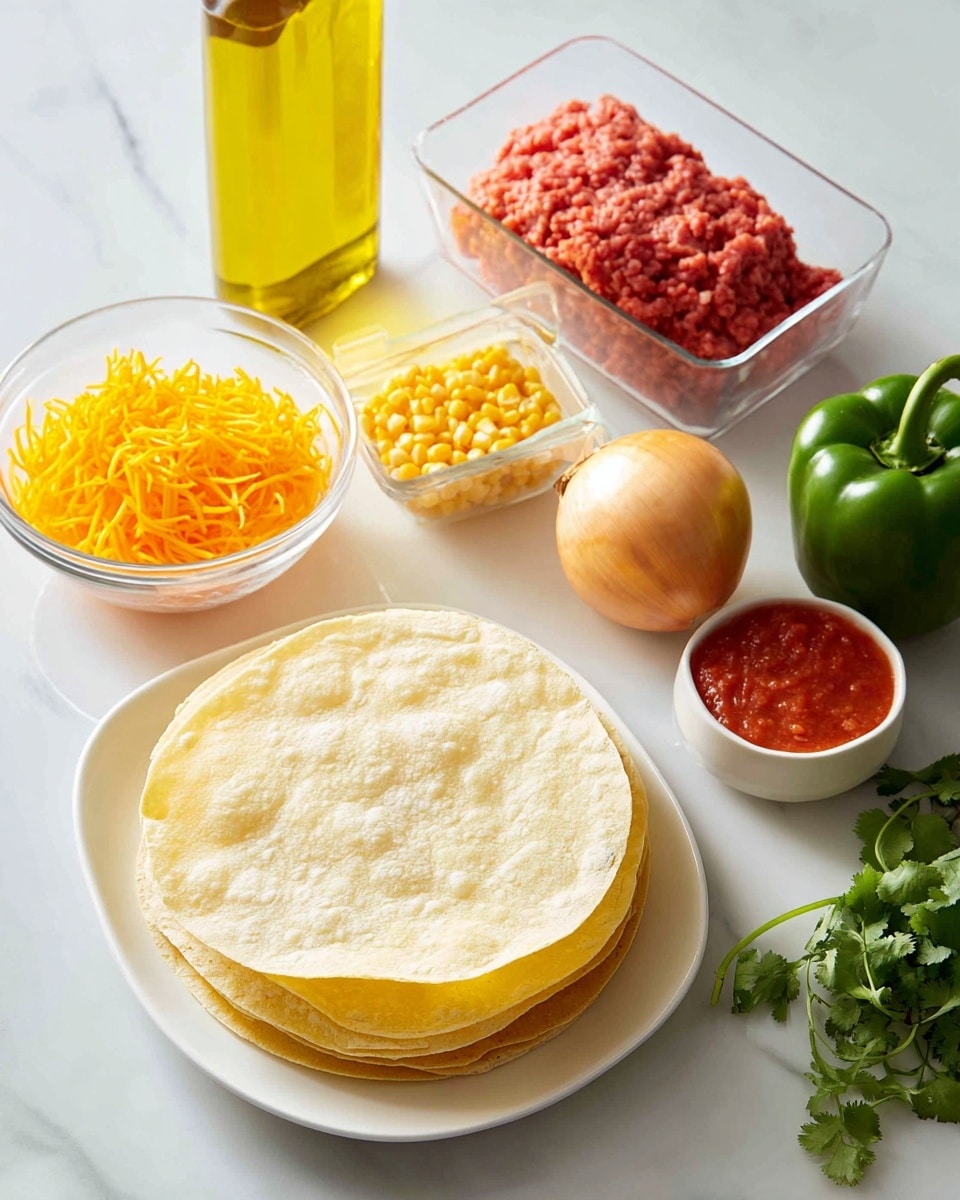 A white oval plate holds a stack of soft corn tortillas with a light yellow color and smooth texture, placed on a white marbled surface. Nearby, a clear glass bowl is filled with bright orange shredded cheese, its thin strips loosely piled. To the right, a small clear glass bowl contains vibrant red salsa with a slightly chunky texture. A whole green bell pepper with a shiny surface sits next to a single yellowish-brown onion. A small clear bowl with yellow corn kernels is placed near the bottom middle, showing their round, plump shapes. A rectangular clear plastic container holds raw ground beef with rich red color and fine texture, placed toward the upper left. A transparent glass bottle filled with light yellow oil stands behind it. A bright yellow packet of taco seasoning with a picture of seasoned taco meat is positioned near the top right. Fresh cilantro with green leafy stems rests at the bottom right corner. All ingredients are set on a clean white marbled surface photo taken with an iphone --ar 4:5 --v 7