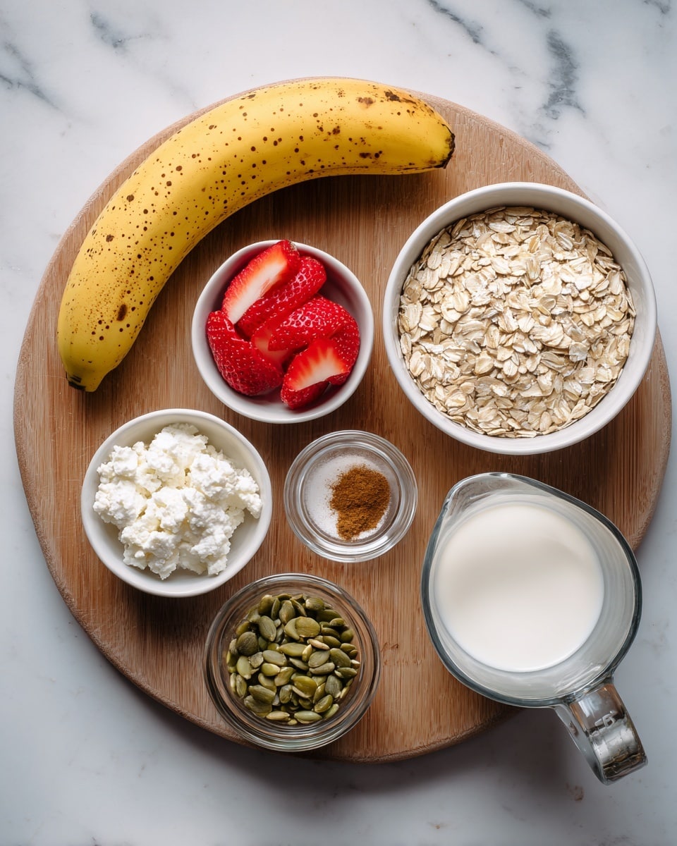 A top view of six ingredients arranged on a white marbled surface: a whole yellow banana with small brown spots rests on the top left side on a round wooden board, next to a white bowl filled with dry beige oats; below the oats bowl, a small clear glass bowl shows white cottage cheese; to the left, a small clear glass bowl contains sliced red strawberries; on the bottom center, a white bowl holds green pumpkin seeds; and to the right, a clear glass measuring cup is filled with white milk, with a small open jar of cinnamon powder next to it photo taken with an iphone --ar 4:5 --v 7