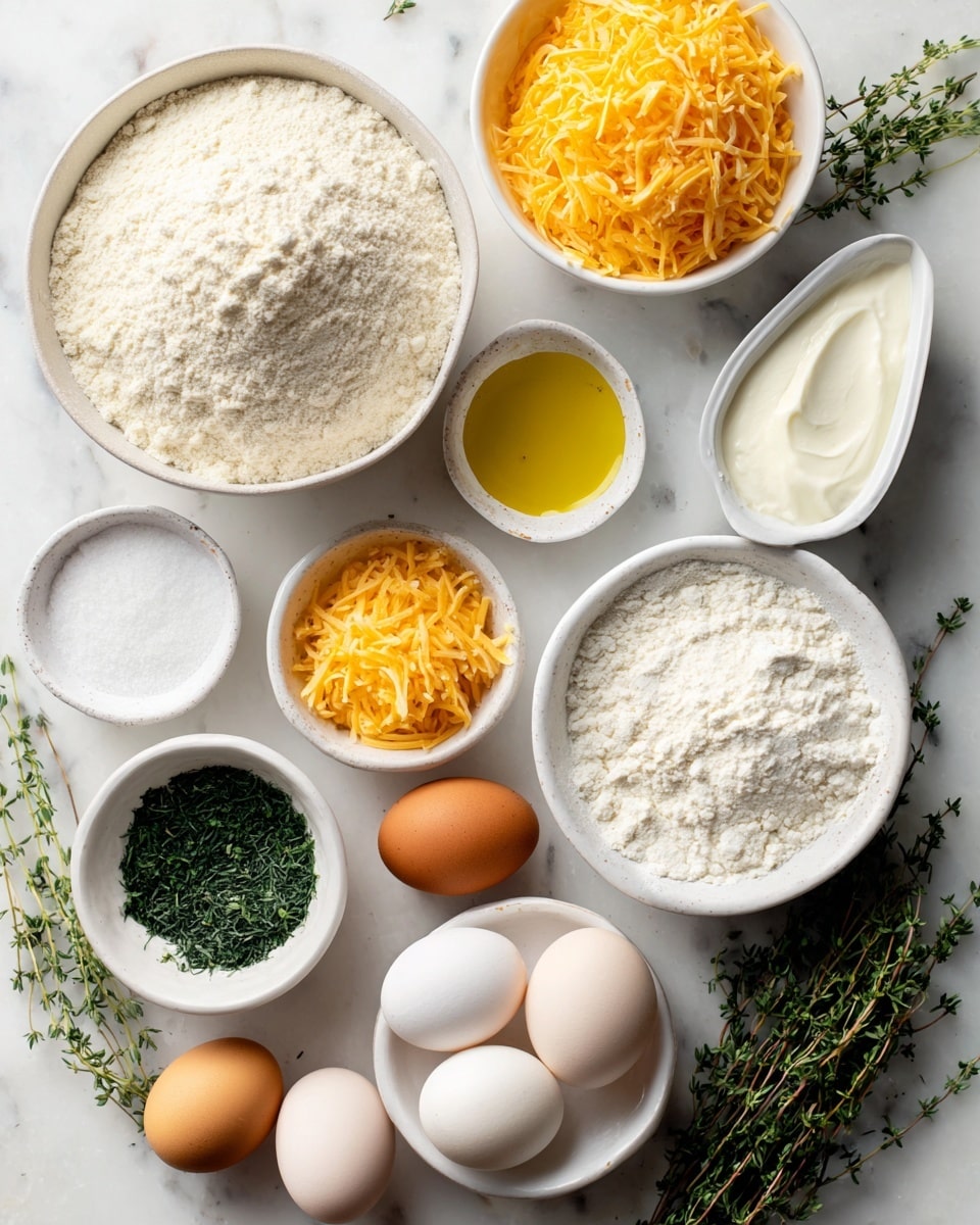 A top view shot shows multiple small white bowls arranged on a white marbled surface layout with various cooking ingredients. The largest bowl is filled with a pale off-white powder labeled