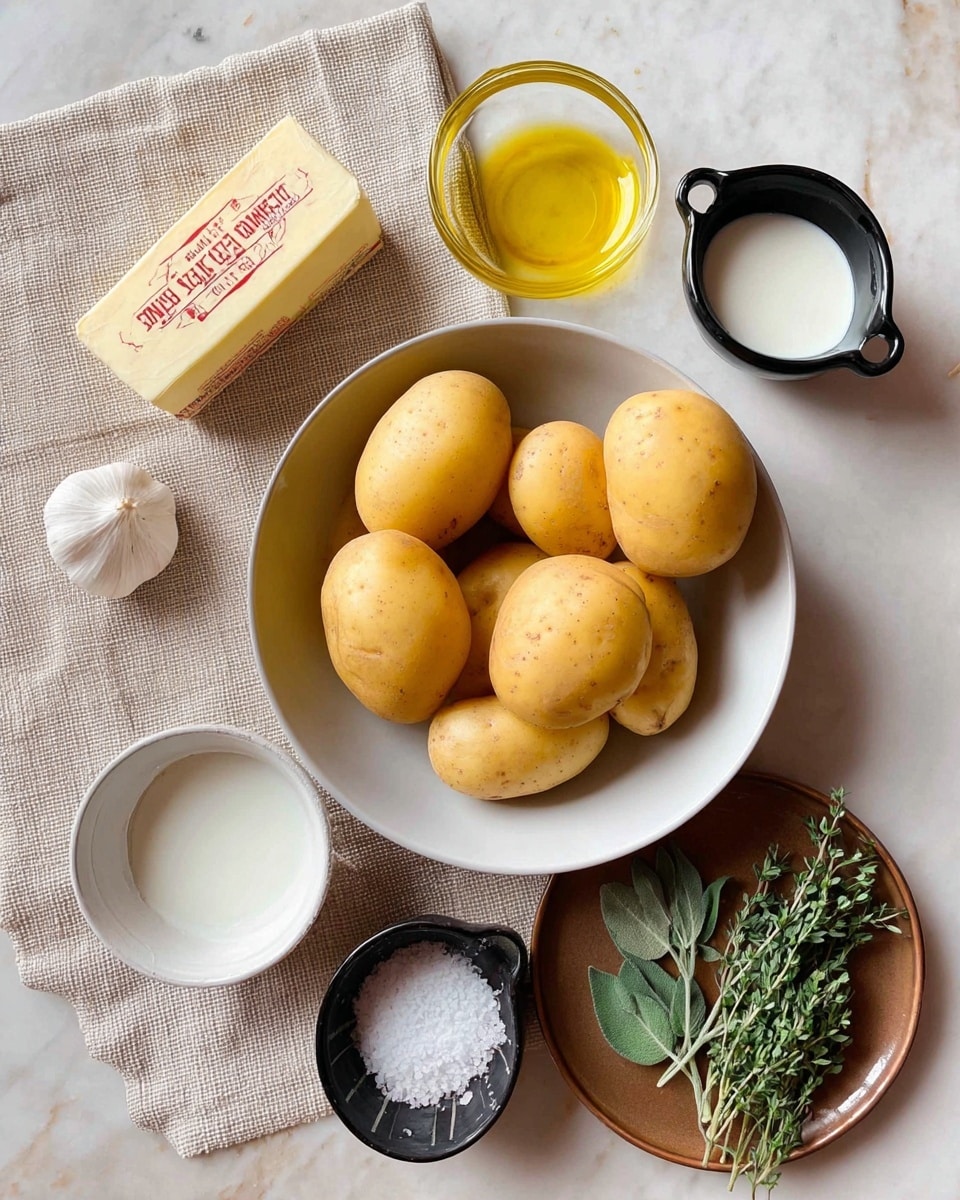 A white bowl filled with several yellow potatoes is placed on a white marbled surface with a beige linen cloth to the left. Surrounding the bowl are ingredients including a whole garlic bulb, a stick of unsalted butter with red text, a small glass bowl of golden olive oil, a black measuring cup with white cream, a black measuring cup with white milk, and a round brown plate holding fresh green herbs (sage and thyme) and a small pile of coarse salt. All items are neatly arranged, showing a clean and simple preparation setup photo taken with an iphone --ar 4:5 --v 7