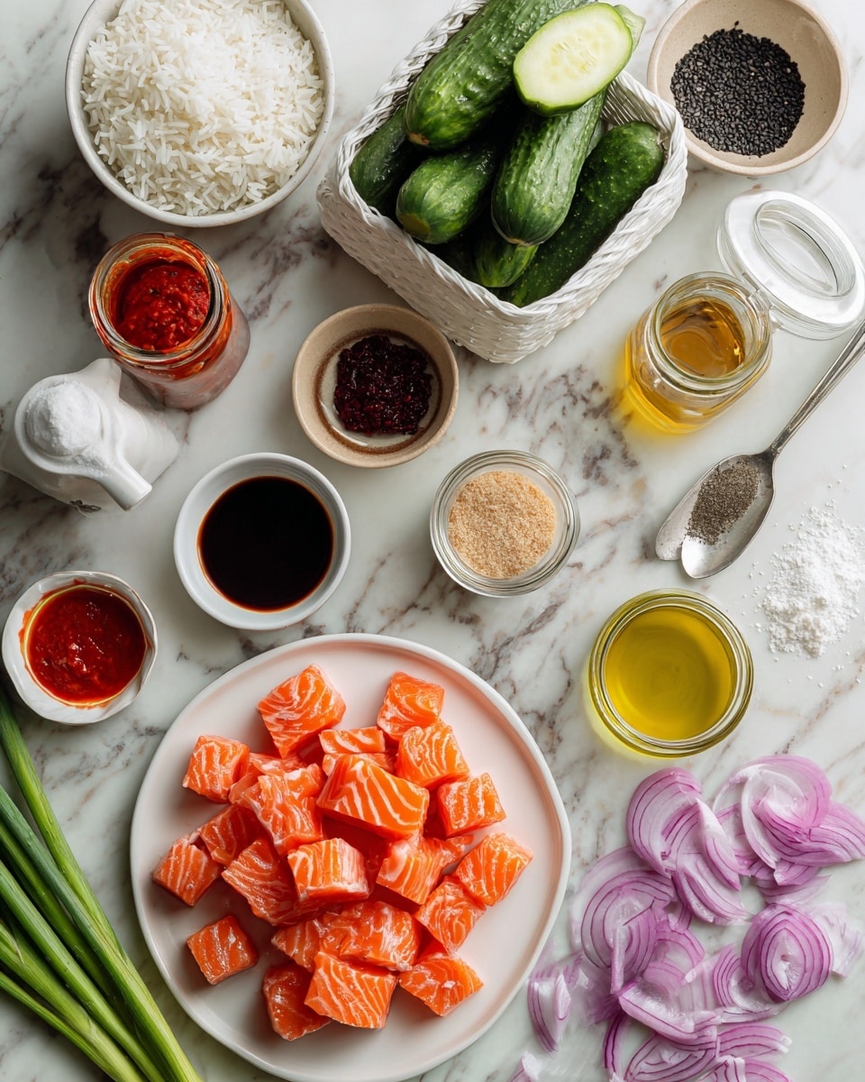 The image shows neatly arranged fresh ingredients on a white marbled surface. At the center bottom is a white plate with many small, bright orange cubes of salmon with white stripes. Above it, a white basket holds several whole mini cucumbers, some sliced to show their light green inside. To the right is a white bowl filled with fluffy white rice. Around these main items are small white bowls and jars: one with thick white mayo, one with dark soy sauce, another with red chili crisp, and another with bright red sriracha sauce. There is also a small white bowl with golden olive oil, a jar with pale yellow honey, and a small container of light beige garlic powder with a spoon inside. To the right bottom corner, there are purple-red sliced red onions and a few green onion stalks. Black sesame seeds are placed in a small white bowl near the onions, scattered slightly near a silver spoon. Some sweet chili sauce is on the left side of the image in a small white bowl. The whole scene is bright, clean, and organized. Photo taken with an iphone --ar 4:5 --v 7