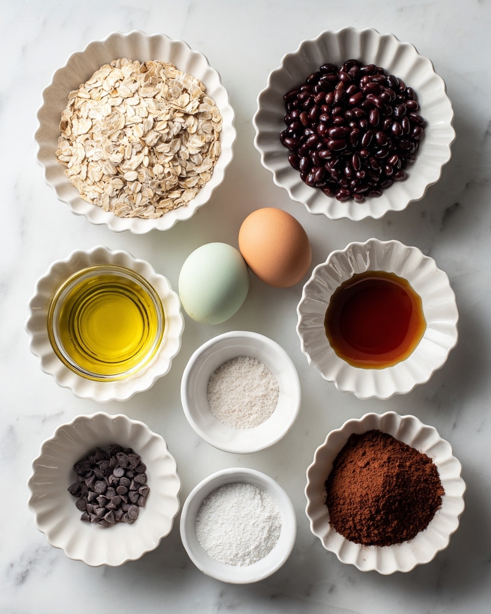 A top view of a white marbled surface with ten white scalloped bowls arranged neatly, each holding a different ingredient. At the top left, a bowl filled with light beige oats, next to it on the right is a bowl full of dark red black beans. Below the oats, a bowl contains two eggs, one light brown and one pale green. To the right of the eggs is a bowl of dark amber maple syrup. Below the black beans toward the center are two small bowls, one with fine white salt and the other with small, dark chocolate chips. At the bottom left, a transparent glass bowl filled with yellow avocado oil sits next to a white bowl containing white baking powder. Next to the baking powder is a white bowl with thick dark brown vanilla extract. At the far bottom right, a bowl holds rich brown cocoa powder, all placed on a smooth white marbled surface, photo taken with an iphone --ar 4:5 --v 7