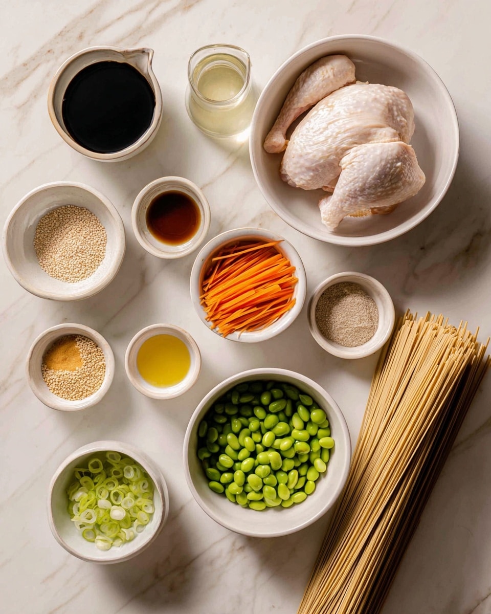 The image shows several small white bowls and a clear white cup arranged on a white marbled surface. Each bowl holds a different ingredient: a large white bowl with a raw chicken piece at the top right center, a medium white bowl with bright green edamame beans below it, a medium white bowl filled with thin orange carrot sticks on the left side, a small green bowl with sliced light green onions near the bottom left, and various other small white bowls containing light yellow sesame seeds, dark soy sauce, golden olive oil, light beige ginger powder, white garlic powder, dark brown sesame oil, white salt, pale rice vinegar, and a portion of fresh ginger. A clear white cup at the right holds dry soba noodles standing angled to the right. Everything is neatly placed on the white marbled surface with soft natural light. Photo taken with an iphone --ar 4:5 --v 7